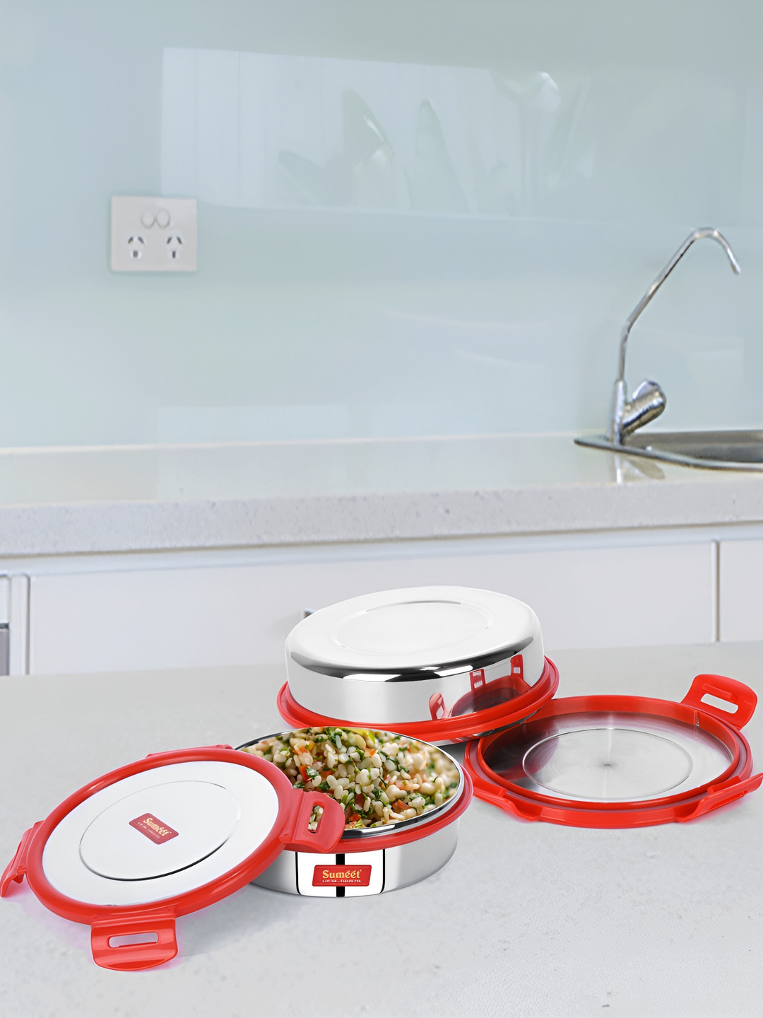 Sumeet Airtight Leakproof Steelexo Stainless Steel 2PCs Lunch Box With Spoon and Fork