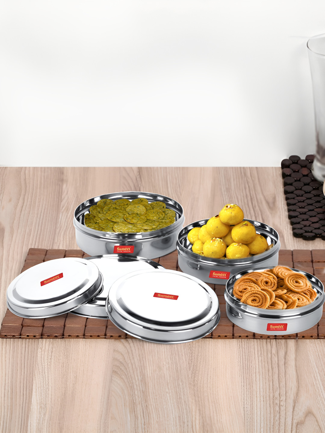 Sumeet Silver Stainless Steel Dishwasher Safe 3 Piece Magnetic Canister