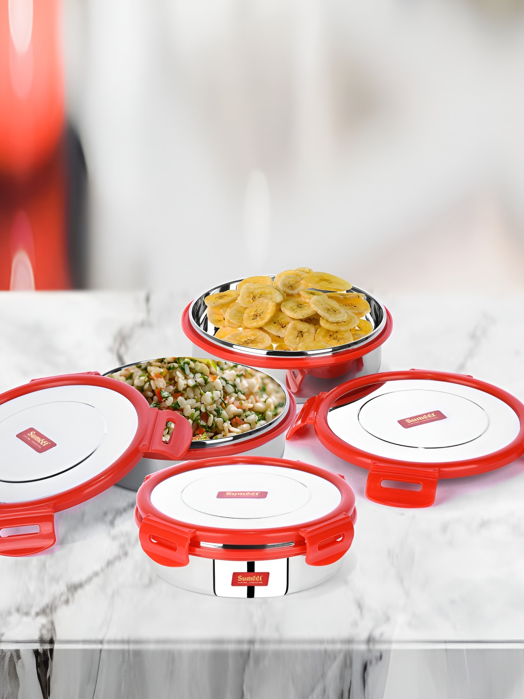 Sumeet Airtight Leakproof Steelexo Stainless Steel 3PCs Lunch Box With Spoon and Fork