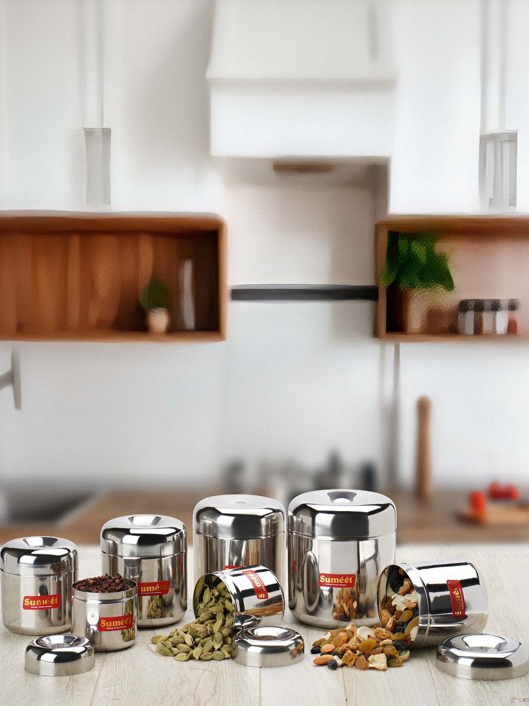 Sumeet Silver Stainless Steel Dishwasher Safe 6 Piece Flip Top Canister