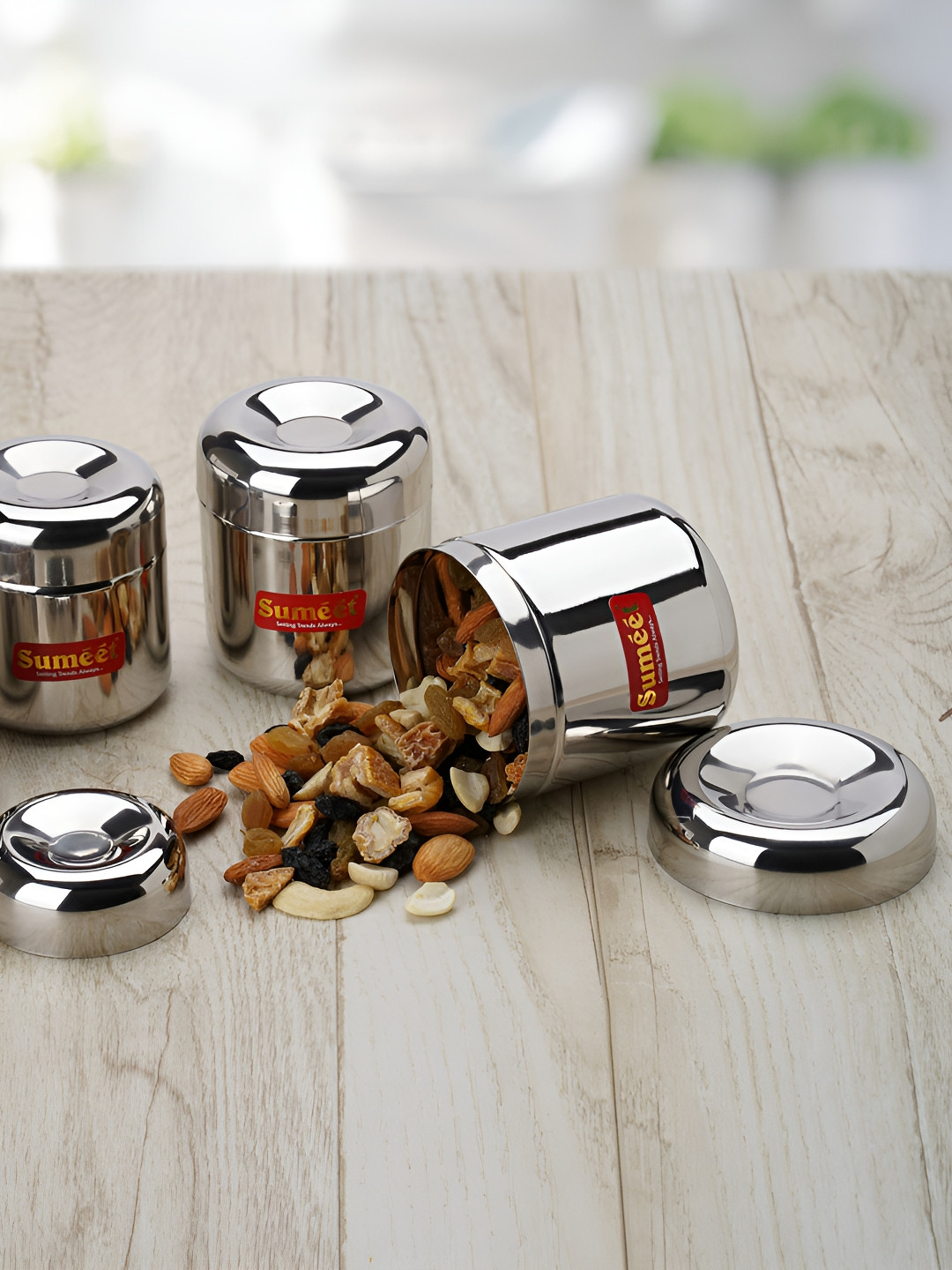 Sumeet Ubha Dabba Silver Stainless Steel Dishwasher Safe 4 Piece Flip Top Canister