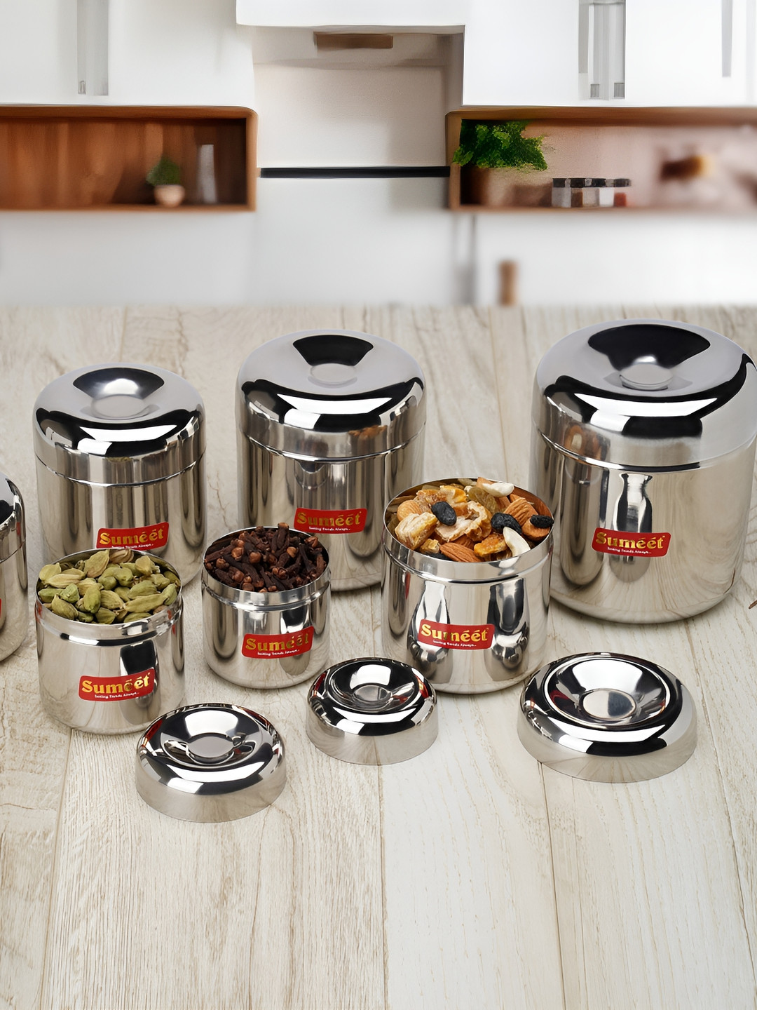 Sumeet Silver Stainless Steel Dishwasher Safe 7 Piece Magnetic Canister