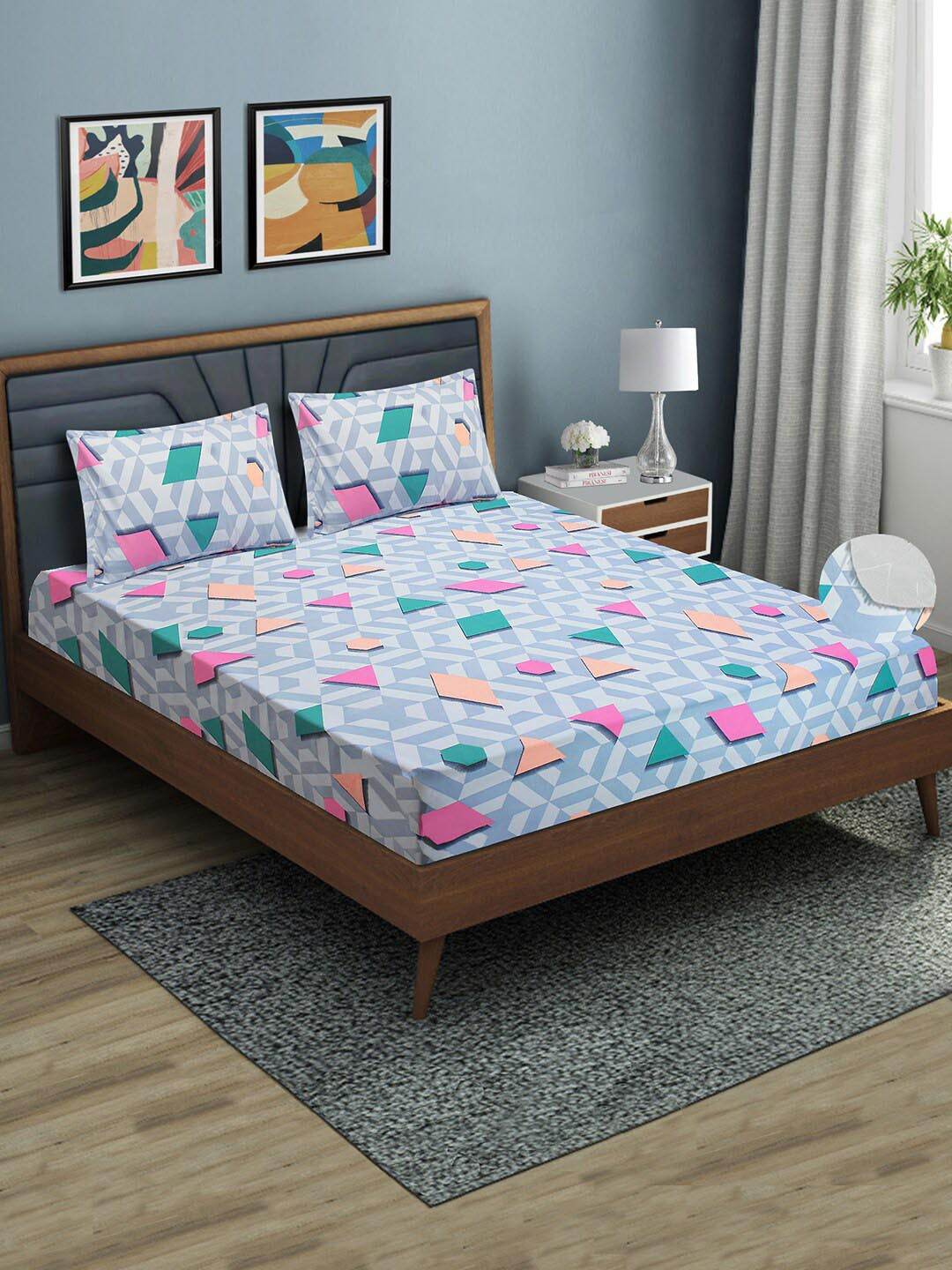 Aura Blue Geometric Microfiber 144 TC Fitted Queen Bedsheet with 2 Pillow Covers-78 x 70 inches