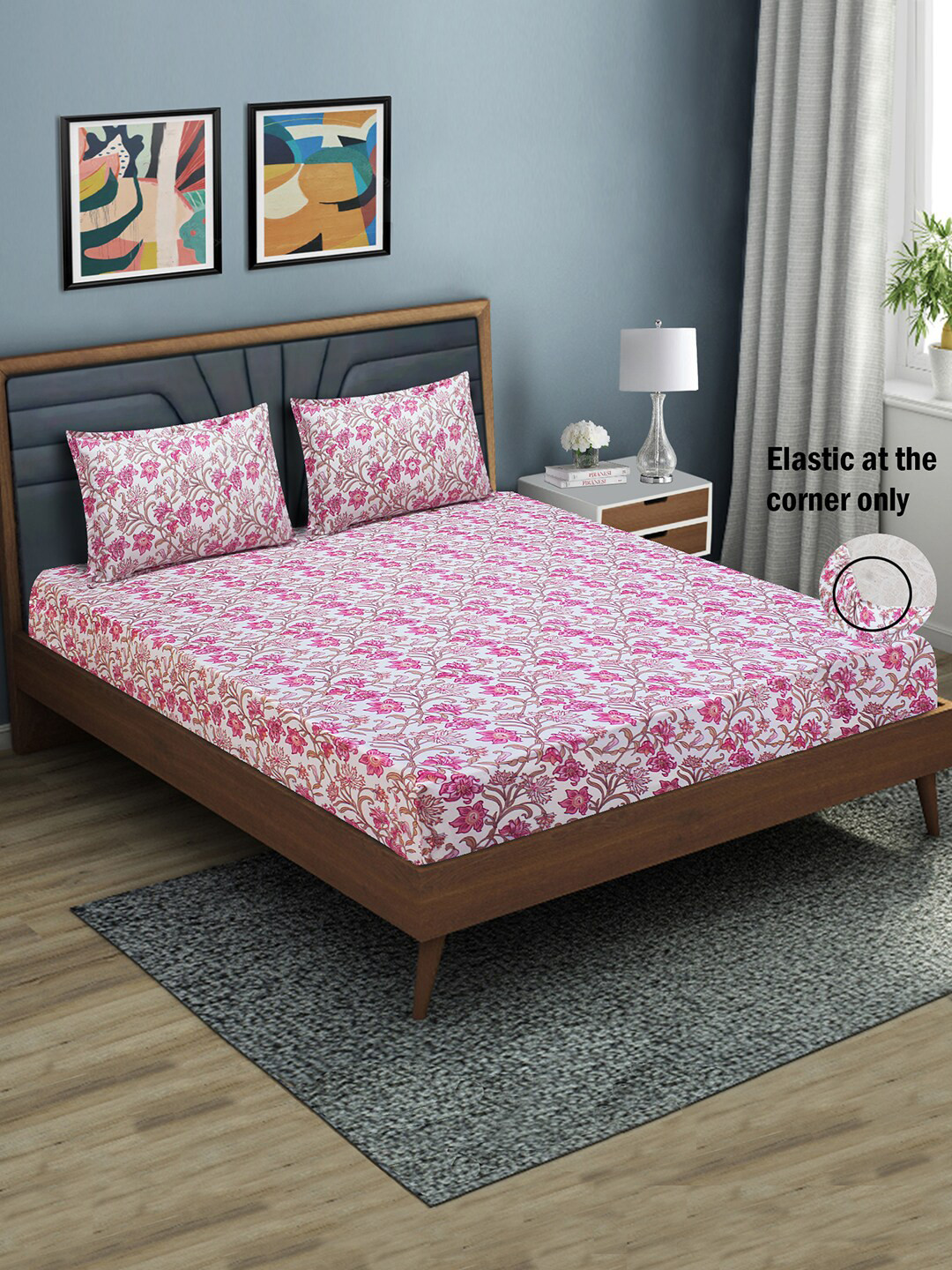 Aura Pink Floral Microfiber 144 TC Fitted Queen Bedsheet with 2 Pillow Covers-87 x 93 inches