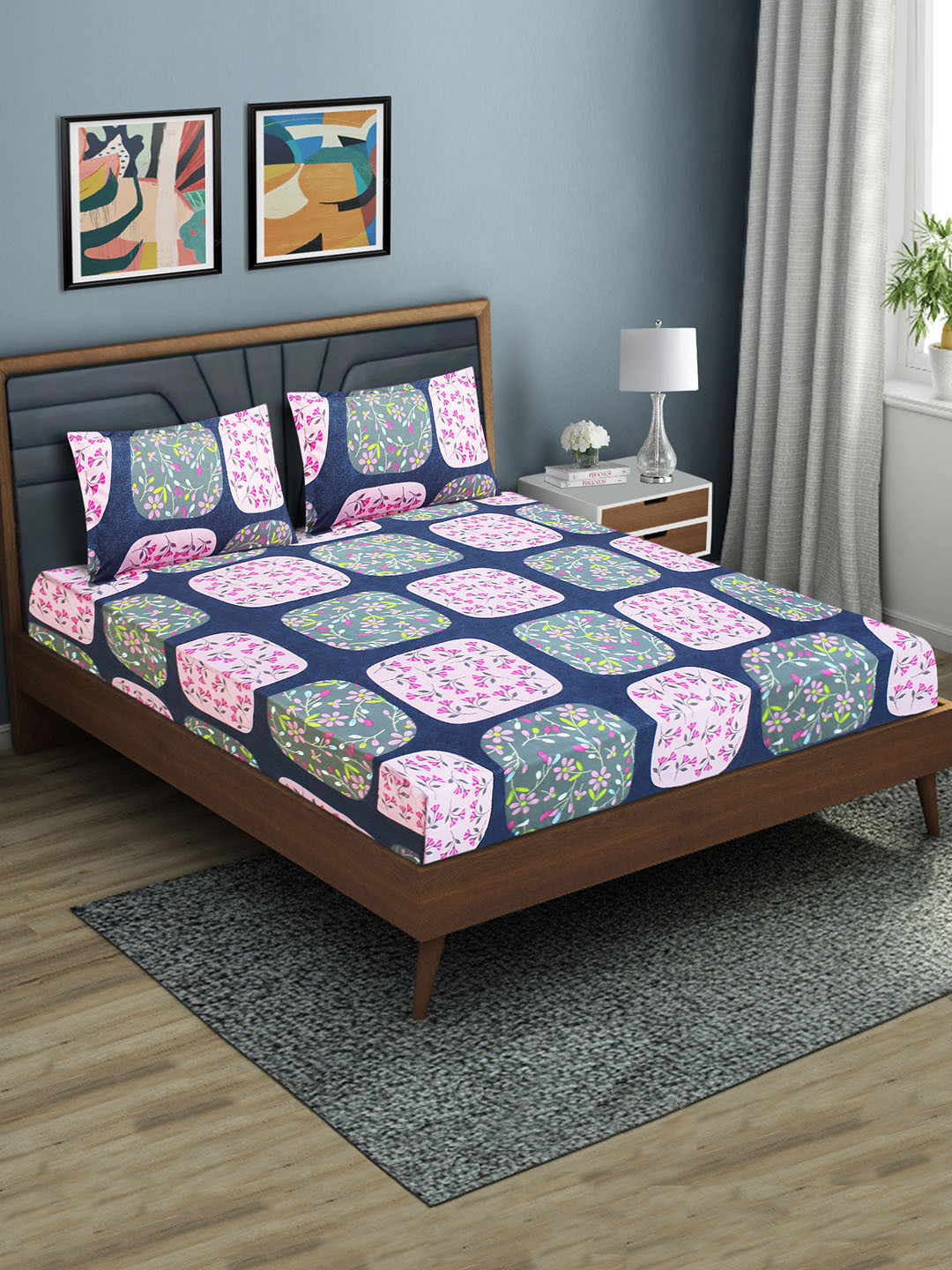 Aura 144 TC Fitted Queen Bedsheet With 2 Pillow Covers