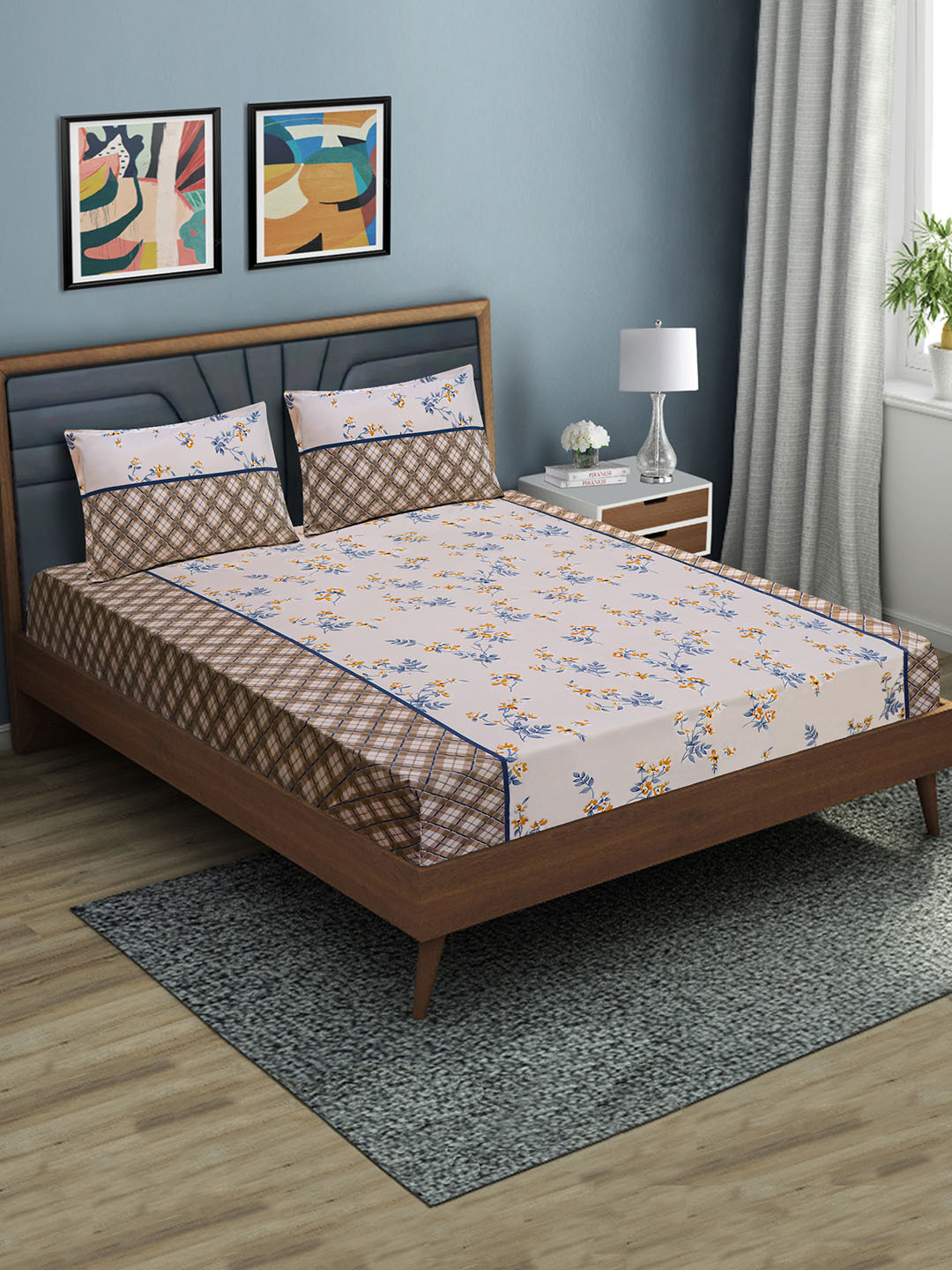 Aura Floral 144 TC Microfiber Queen Fitted Bed Sheet with 2 Pillow Covers