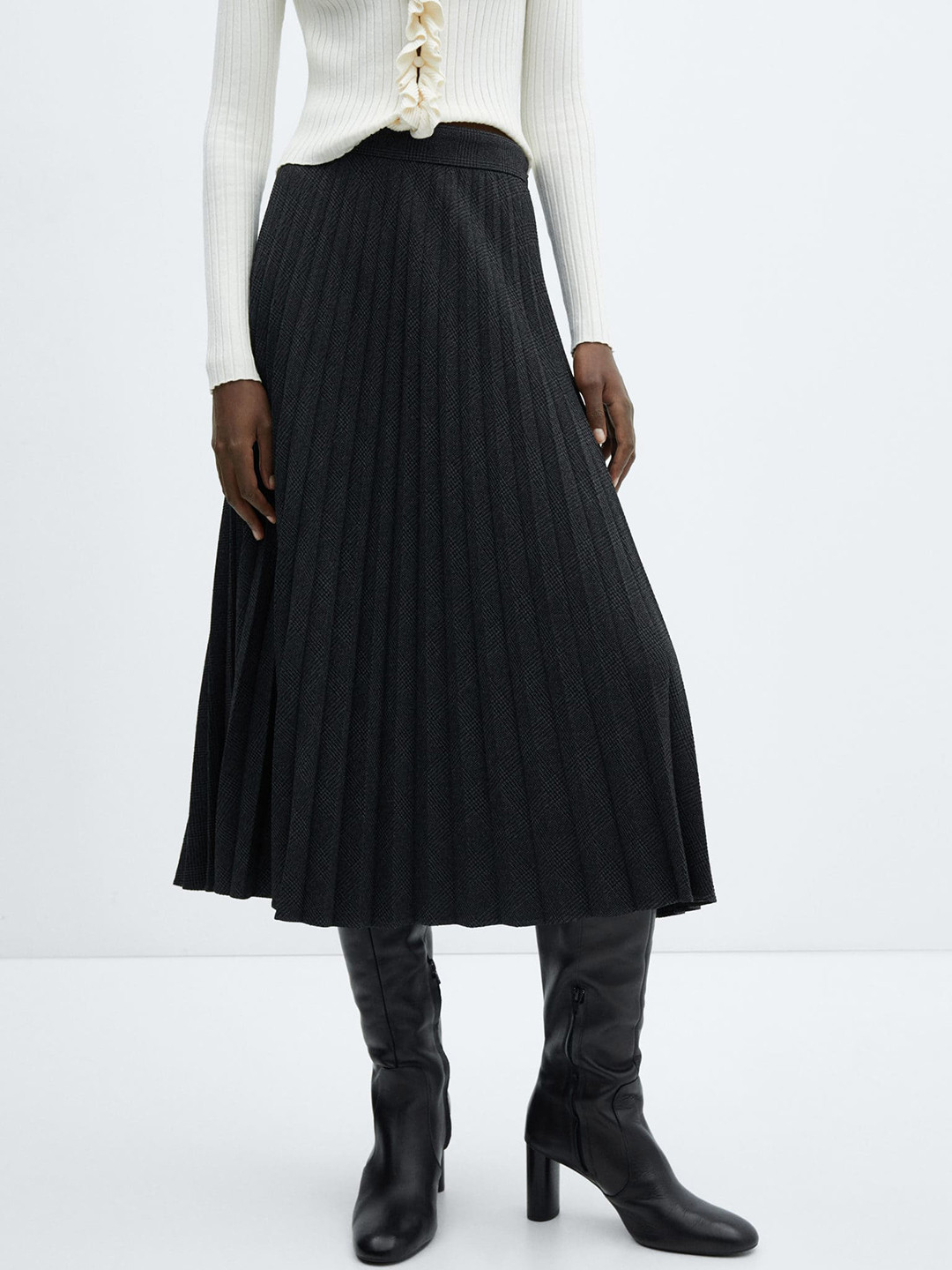 MANGO Women Checked Pleated Flared Midi Skirt