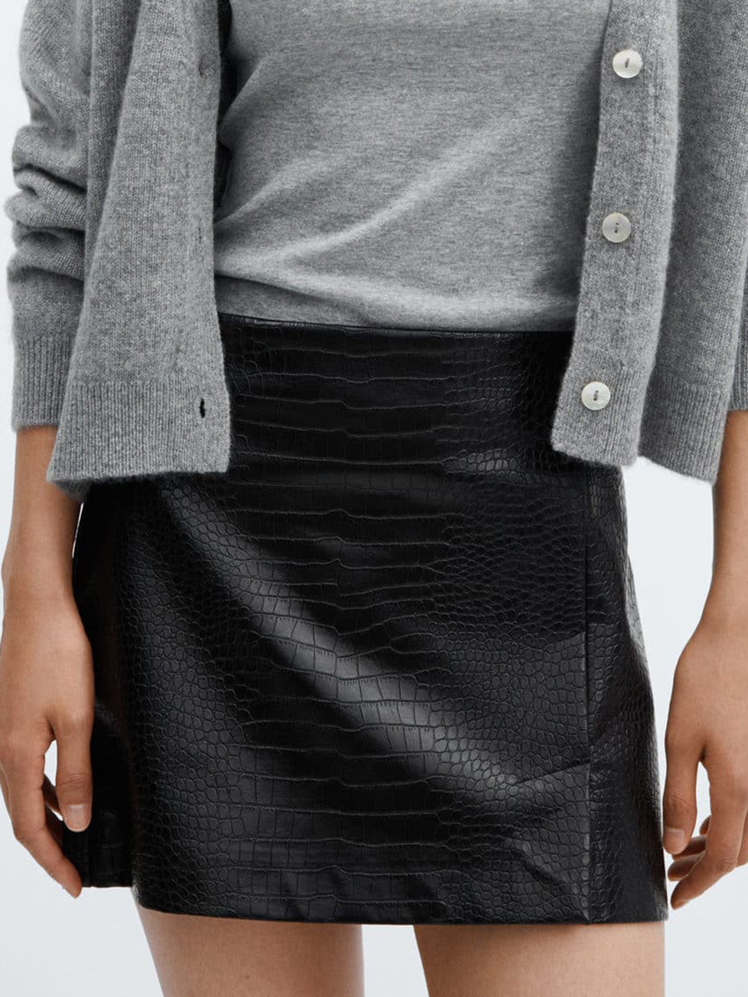 MANGO Women Faux Leather Animal Print Straight Mini Skirt