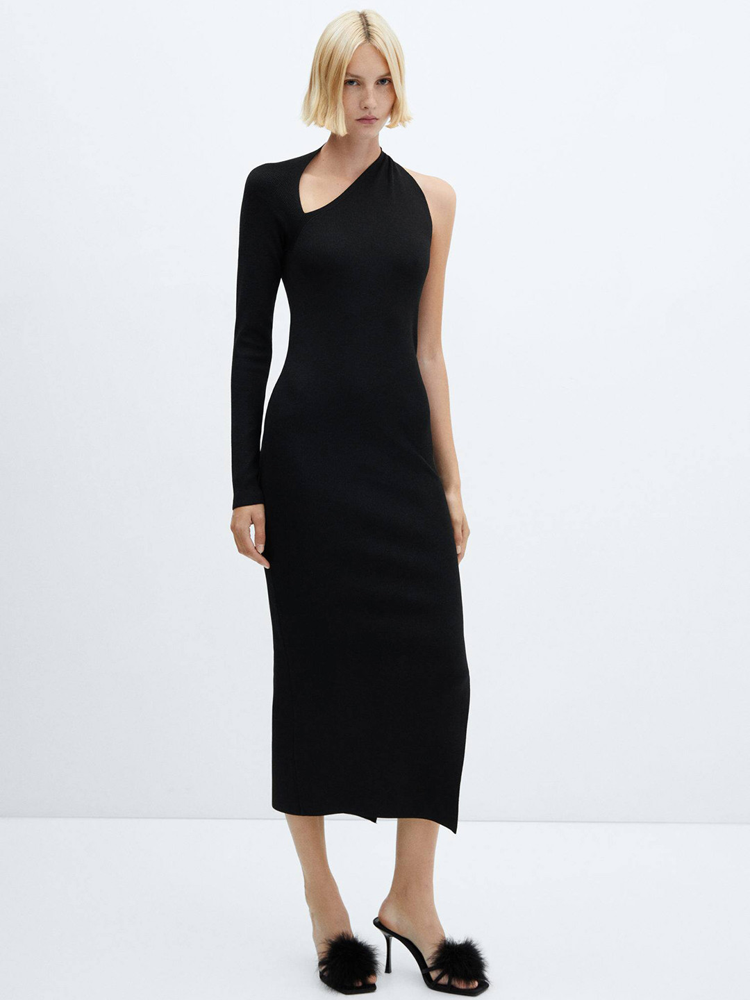 MANGO Asymmetric Neck Sheath Midi Dress with Slit