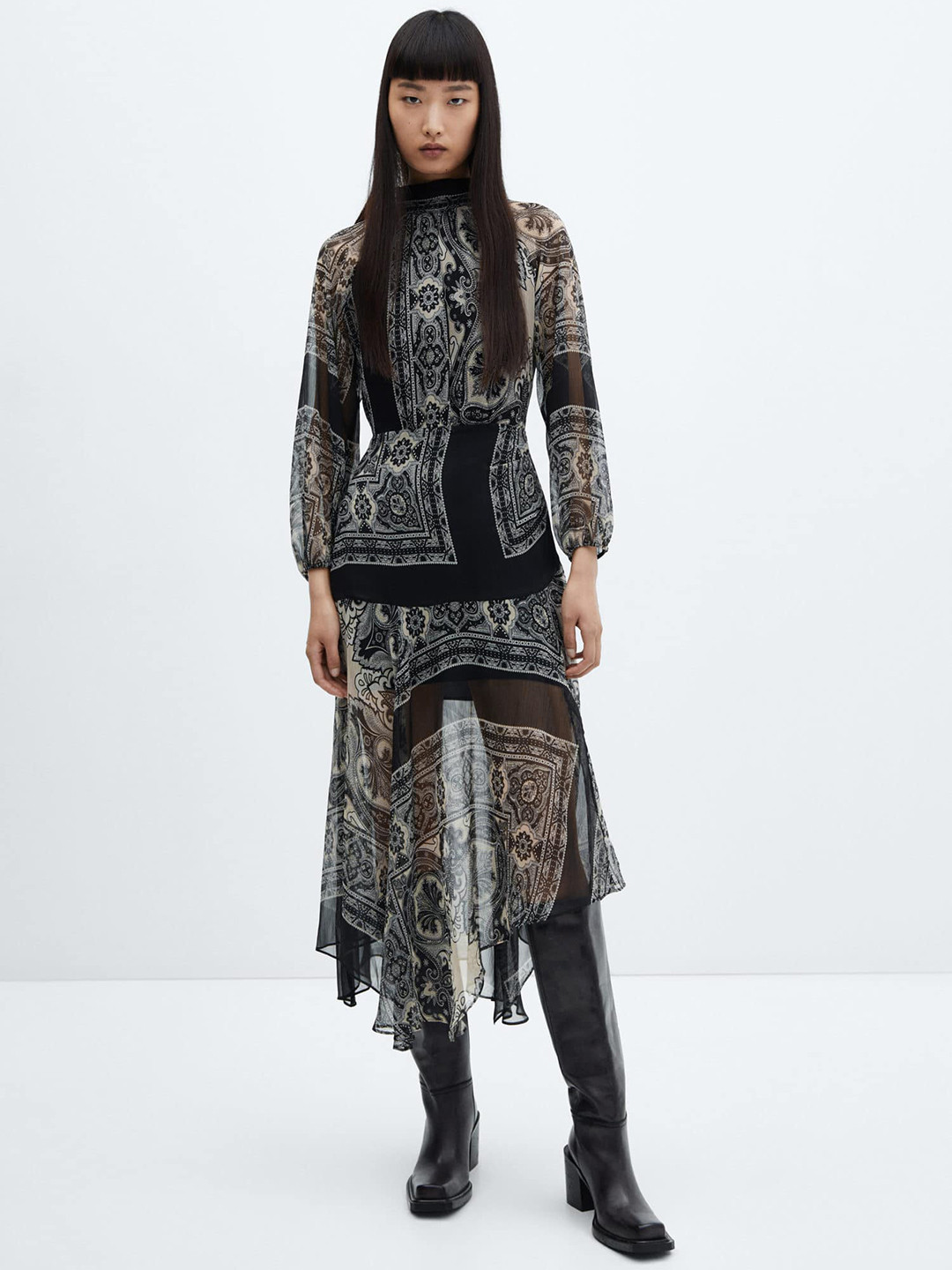 MANGO Handkercheif Print Asymmetric Hem Semi-Sheer Midi Dress