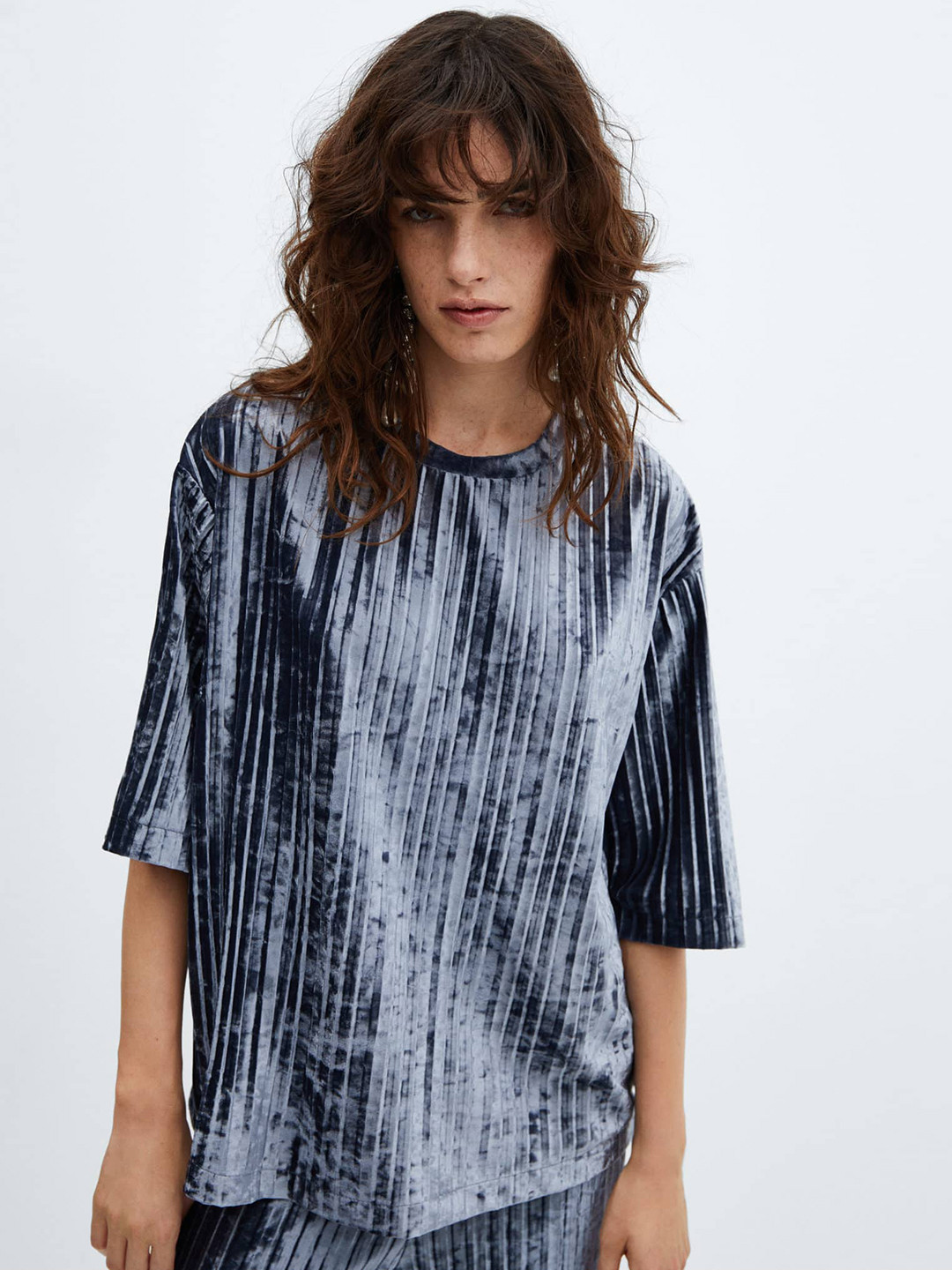 MANGO Abstract Print Velvet Pleated Relaxed Fit T-shirt