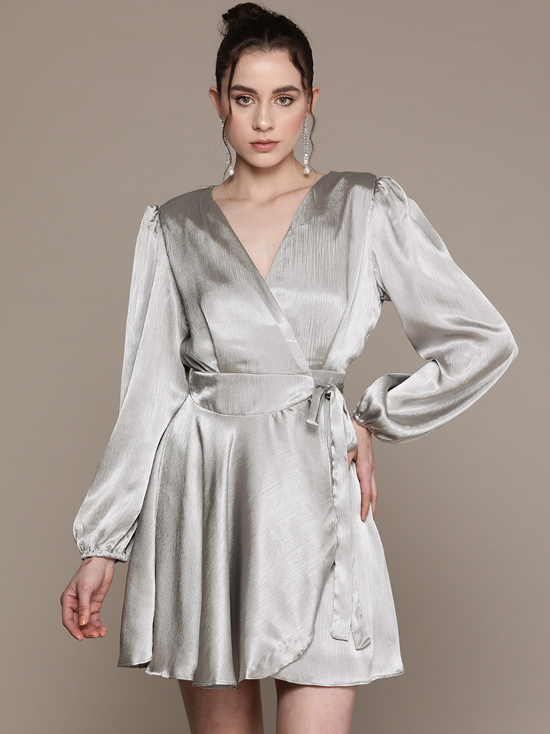 MANGO Satin Finish Wrap Belted Mini Dress