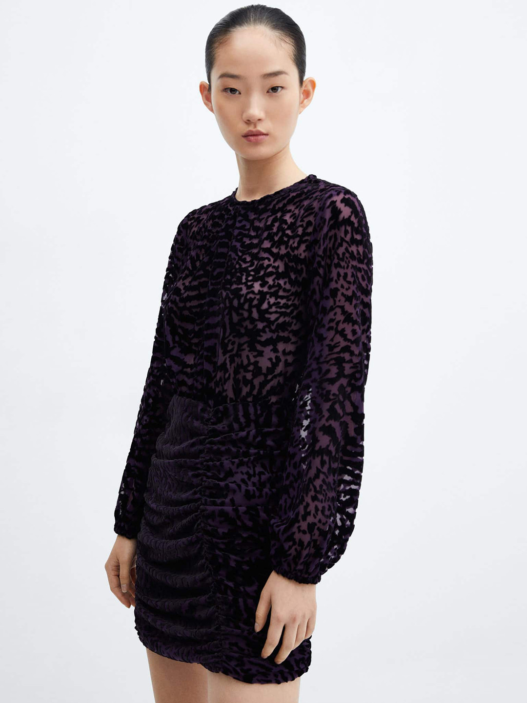 MANGO Self-Design Velvet Finish Ruched Bodycon Dress