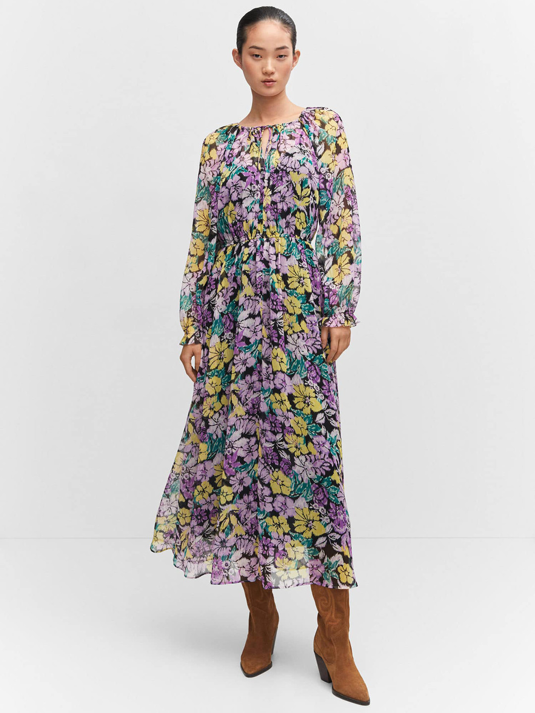 MANGO Floral Print Tie-Up Neck A-Line Midi Dress