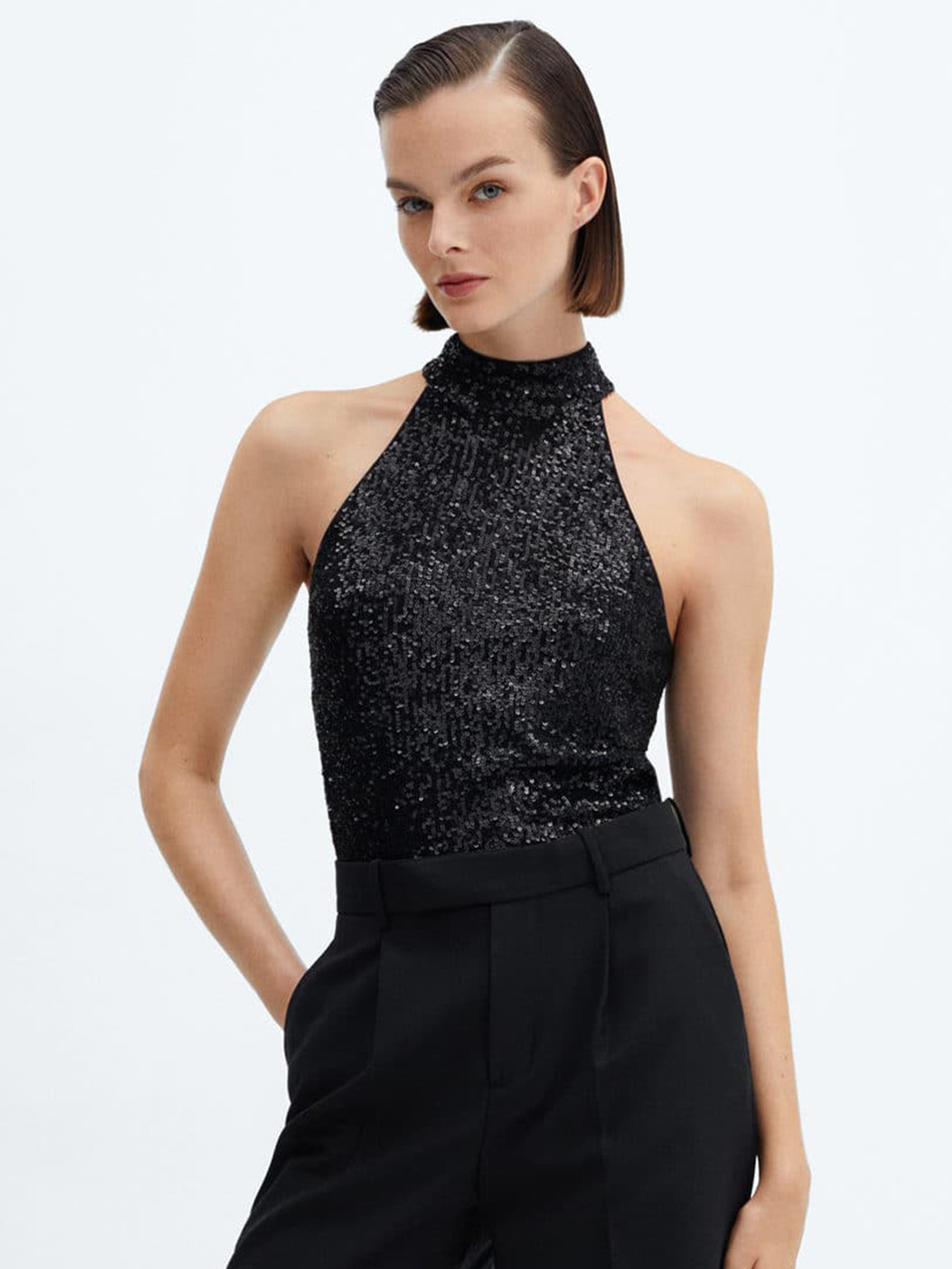 MANGO Sequined Embellished Halter Neck Top