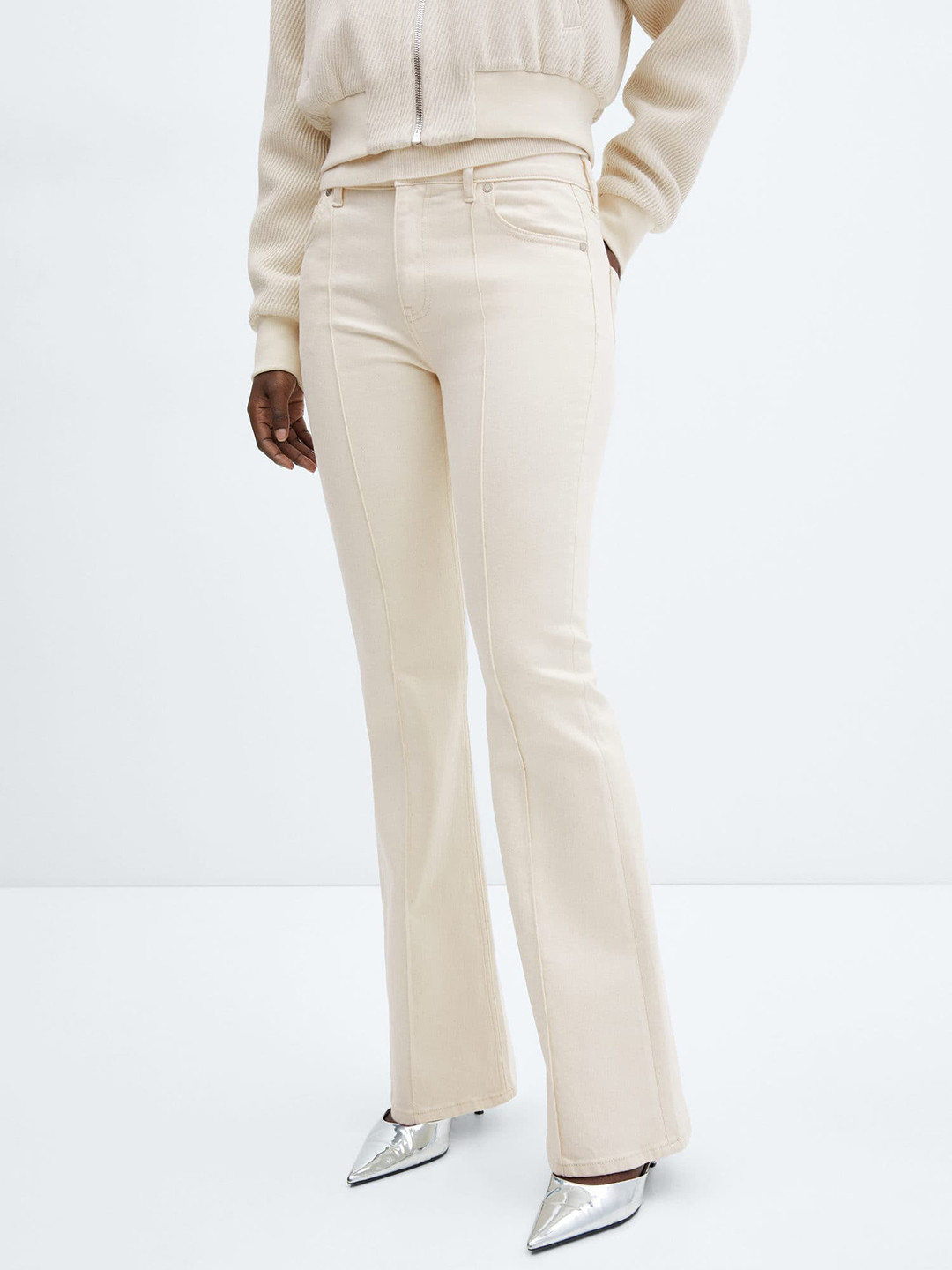 MANGO Women Stretchable Decorative Seam Flared Jeans