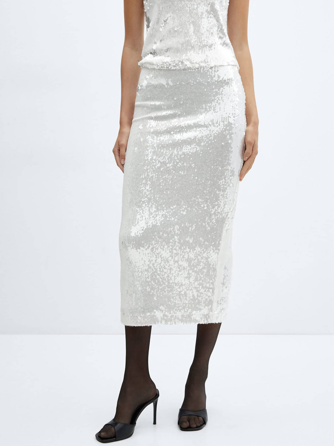 MANGO Embellished Sequinned Straight Back Slit Skirt