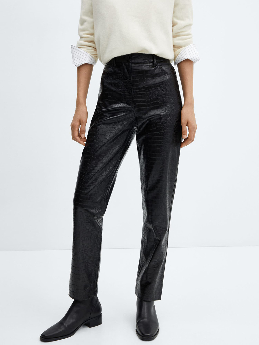 MANGO Women PU Coated Animal Effect Straight Trousers