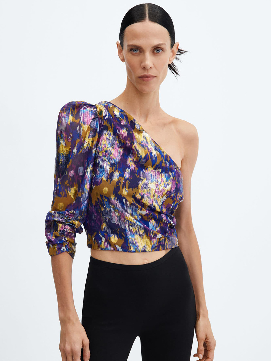 MANGO Abstract Print One Shoulder Puff Sleeve Top