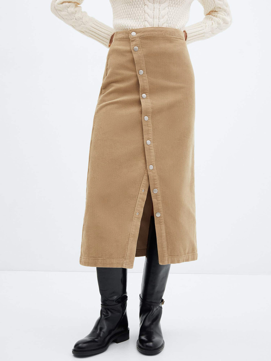 MANGO Pure Cotton Buttoned Corduroy A-Line Midi Skirt