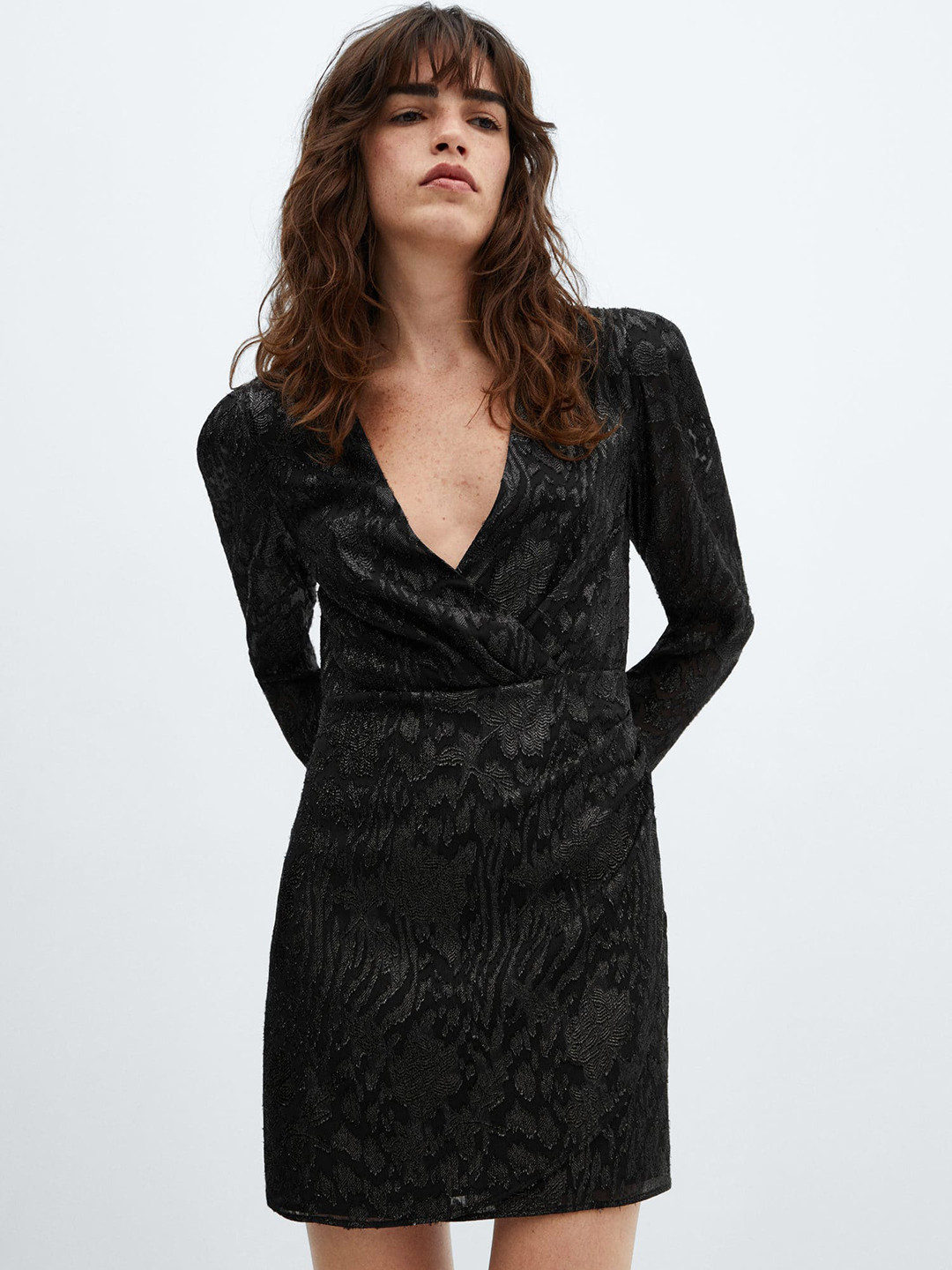 MANGO Jacquard V-Neck Wrap Dress