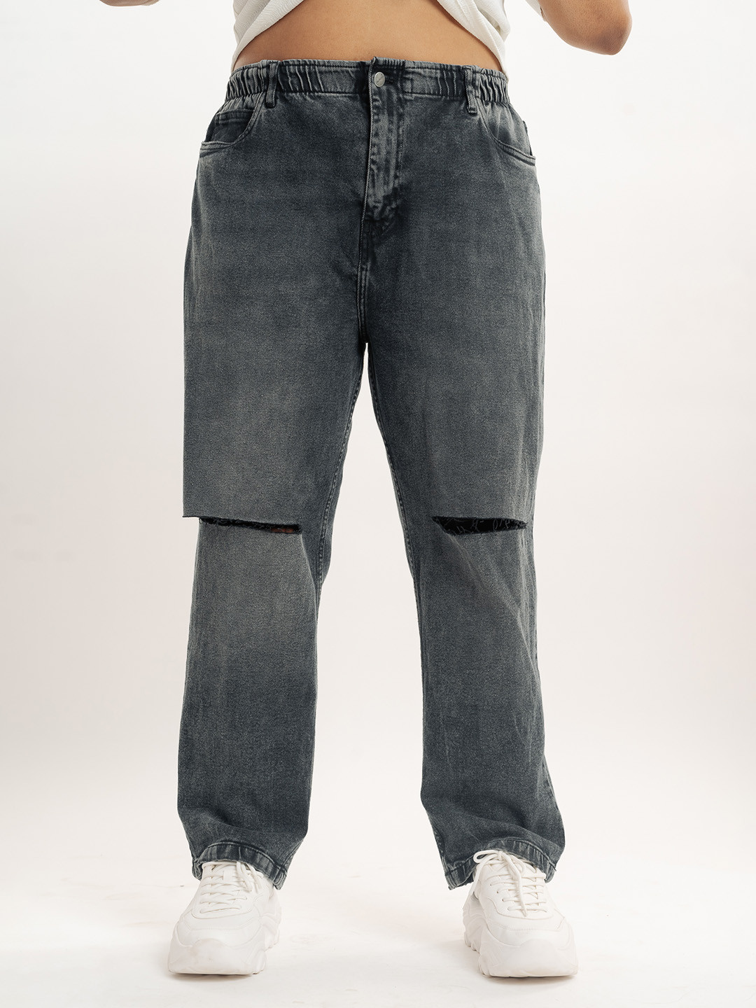 FREAKINS Women Plus Size Mom Fit Heavy Fade High-Rise Slash Knee Stretchable Jeans