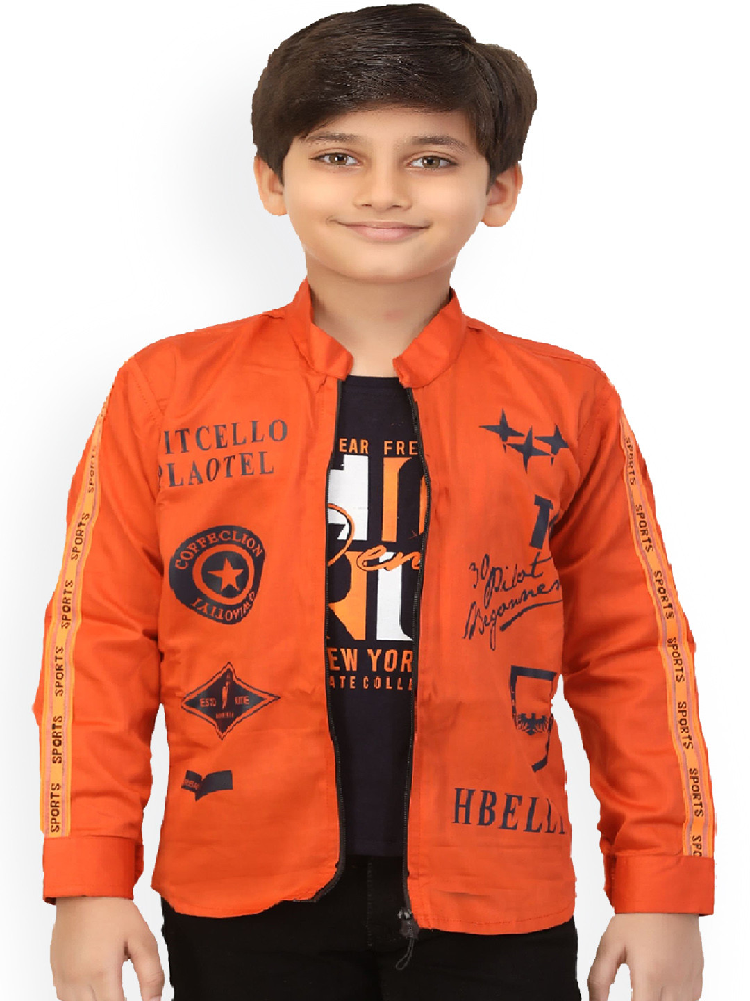 BAESD Boys Typography Printed Stand Collar Lightweight Open Front Jack