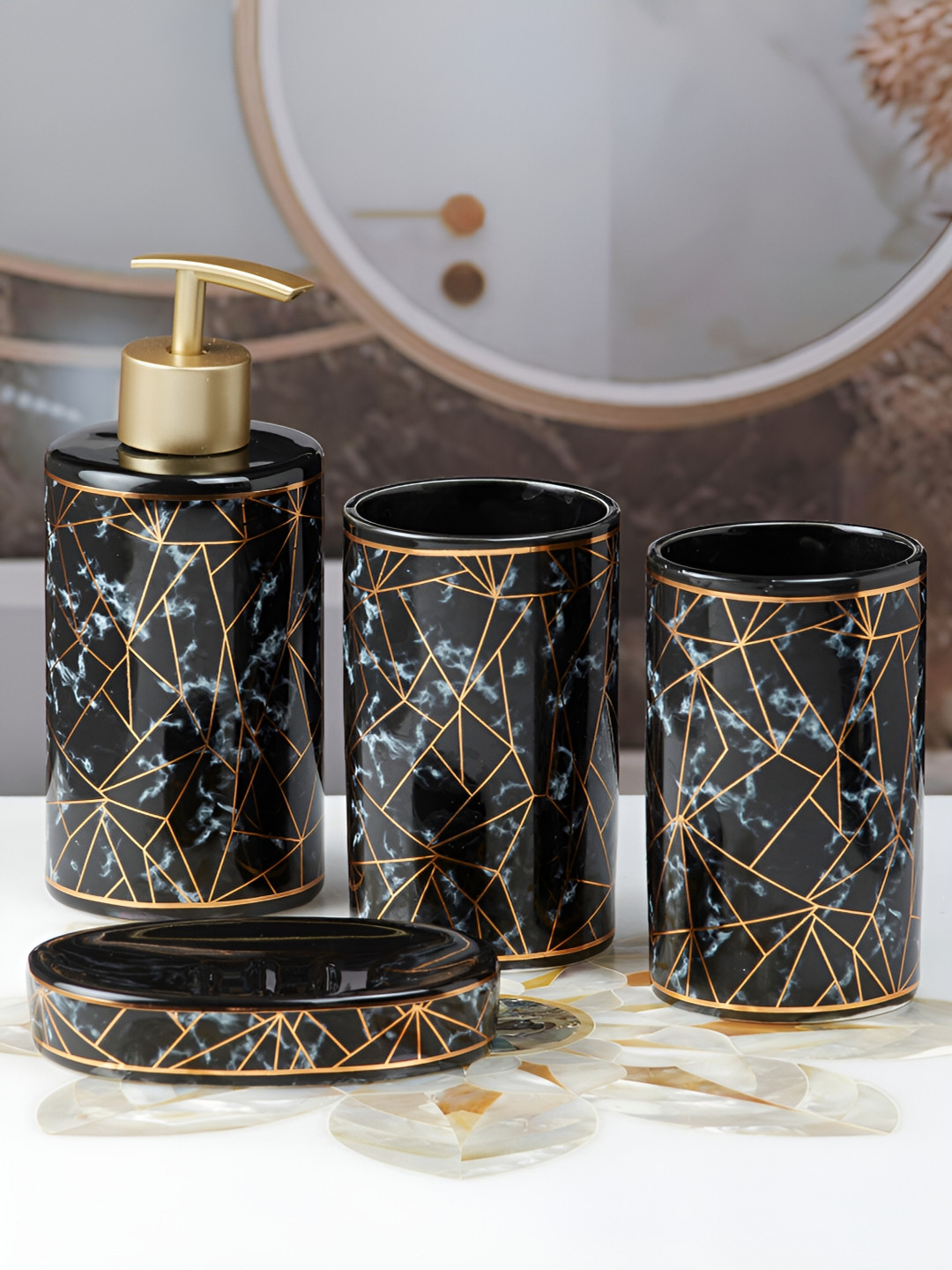 Kookee Black & Copper Toned 4 Pieces Ceramic Cylindrical Shaped Bath Accessories Set