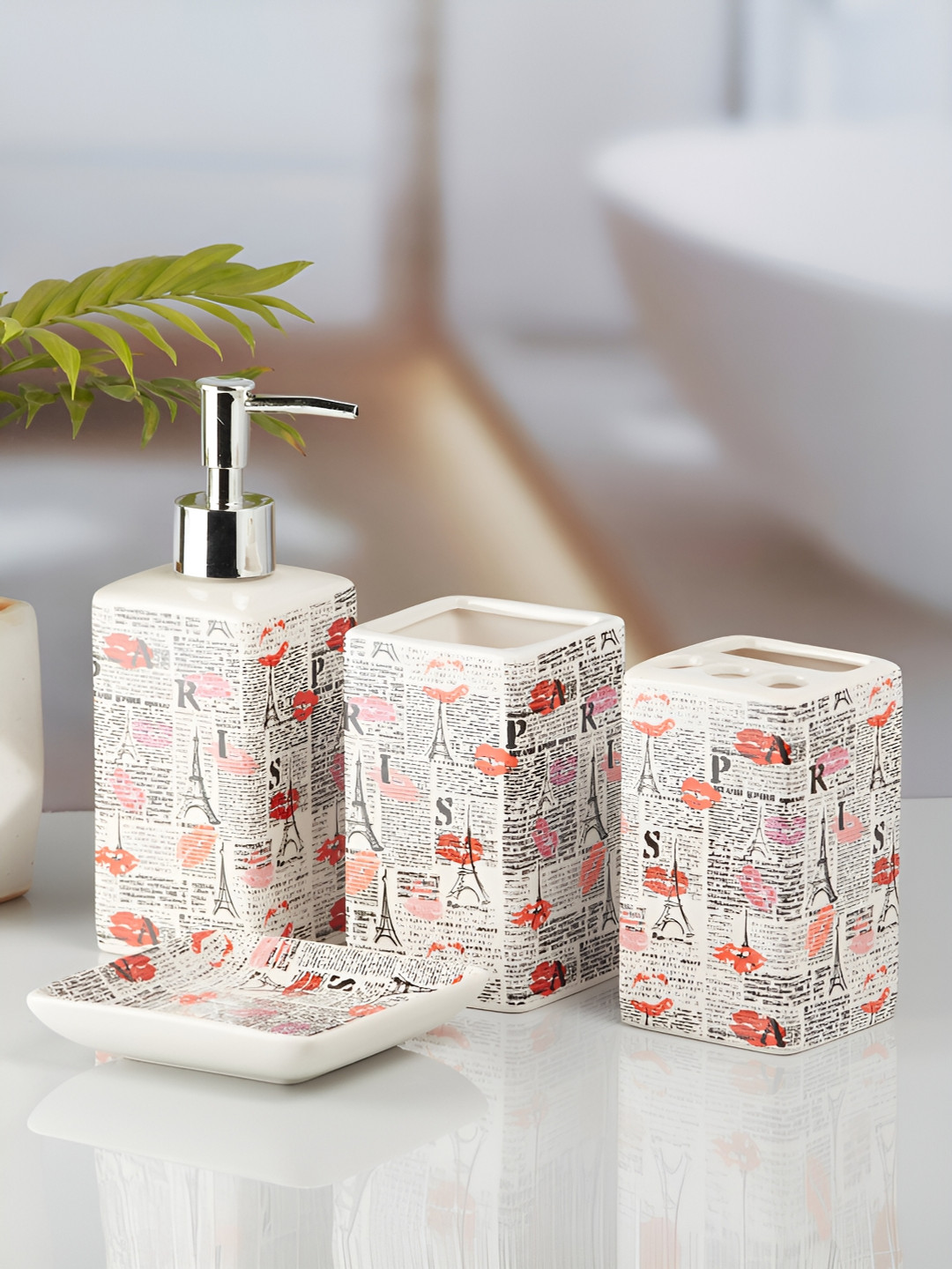 Kookee White & Black 4 Pieces Ceramic Rectangle Shaped Bath Accessories Set