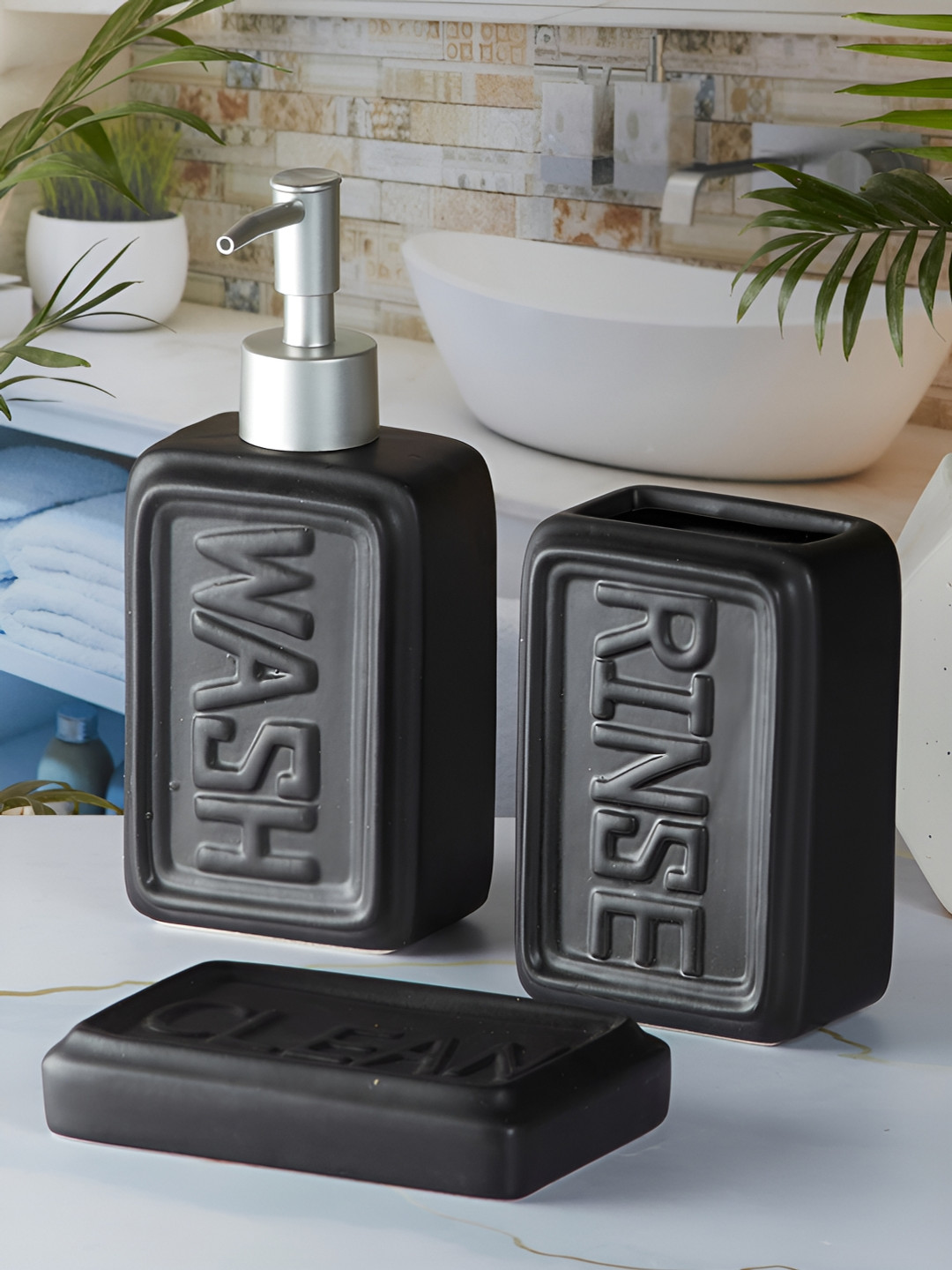 Kookee Black 3 Pieces Ceramic Textured Bath Accessories Set