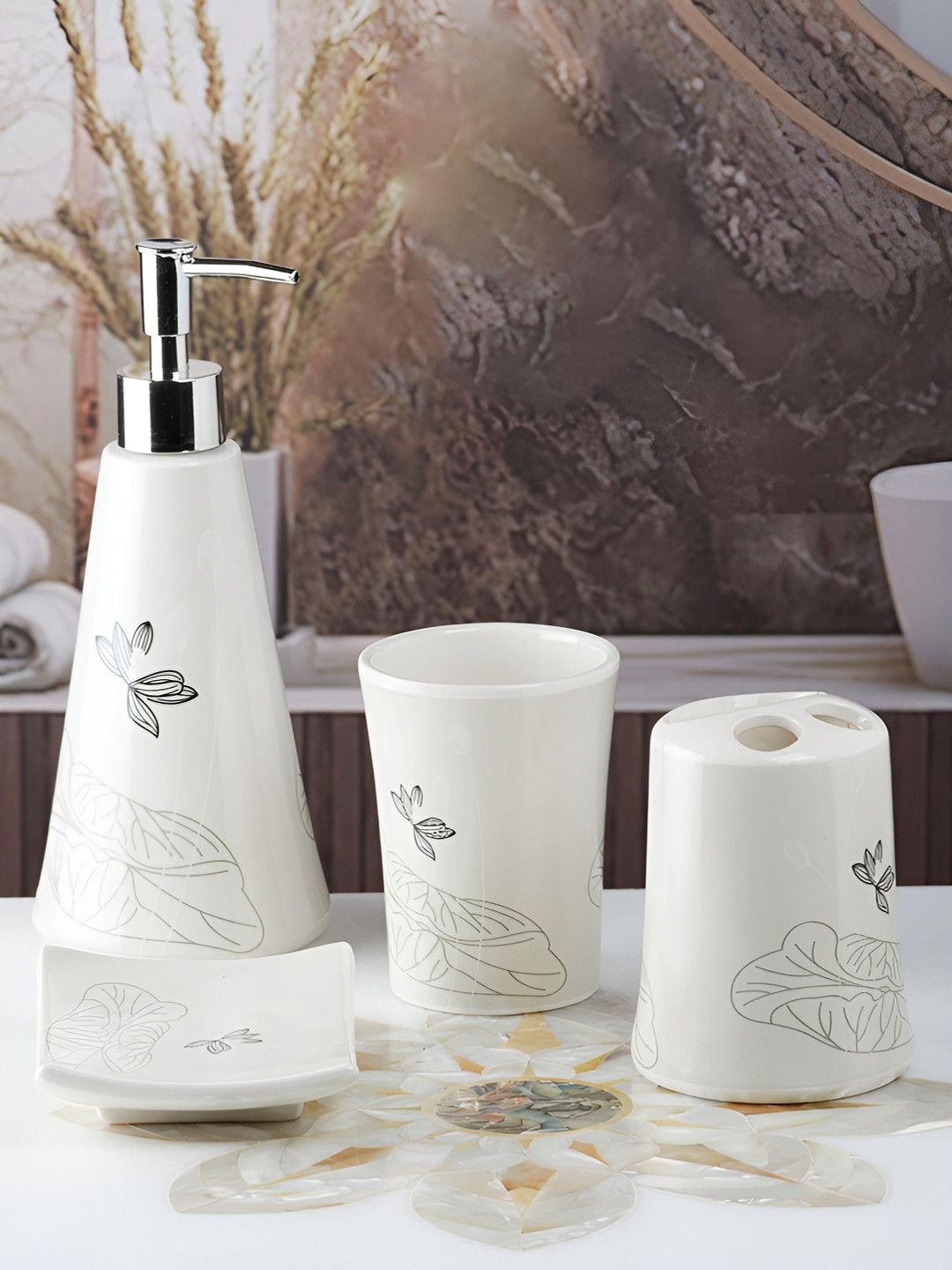 Kookee White & Grey 4Pcs Floral Ceramic Bath Accessories Set