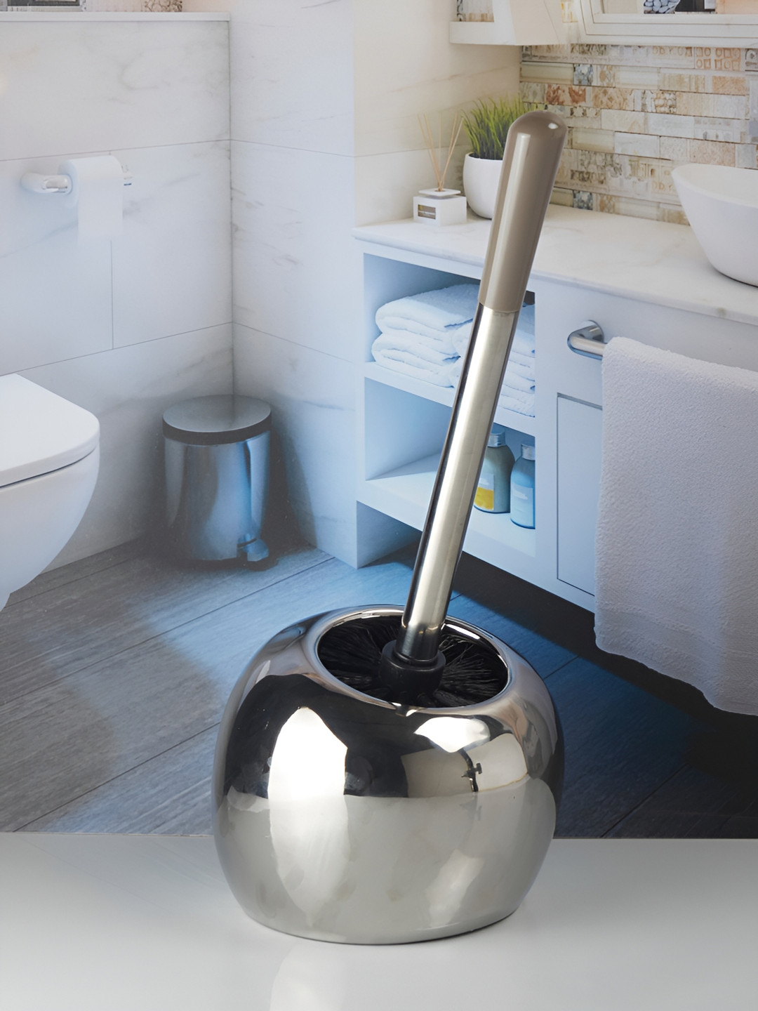 Kookee Silver Toned Abstract Shaped Ceramic Toilet Brush Holder