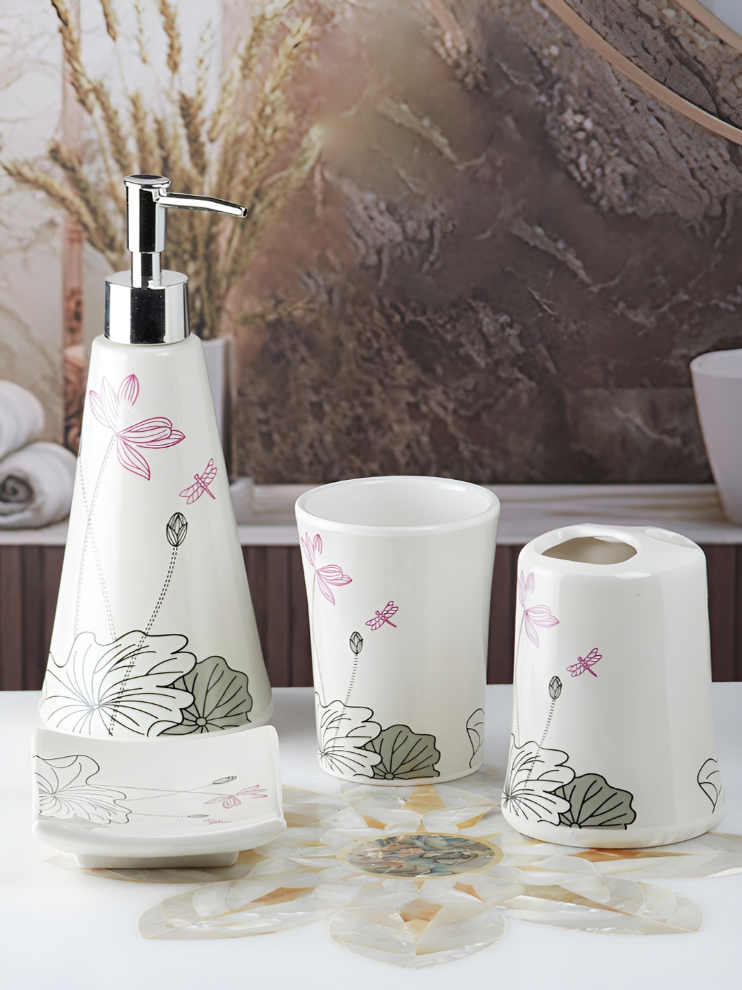 Kookee White & Pink 4Pcs Floral Ceramic Bath Accessories Set