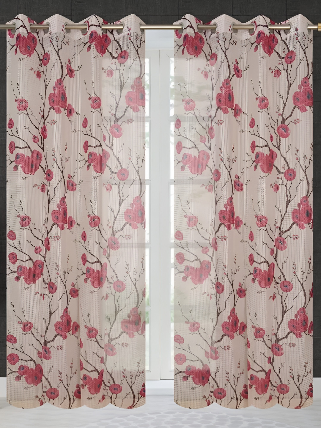 COMFY HOME Violet & Maroon 2 Pieces Floral Sheer Door Curtains