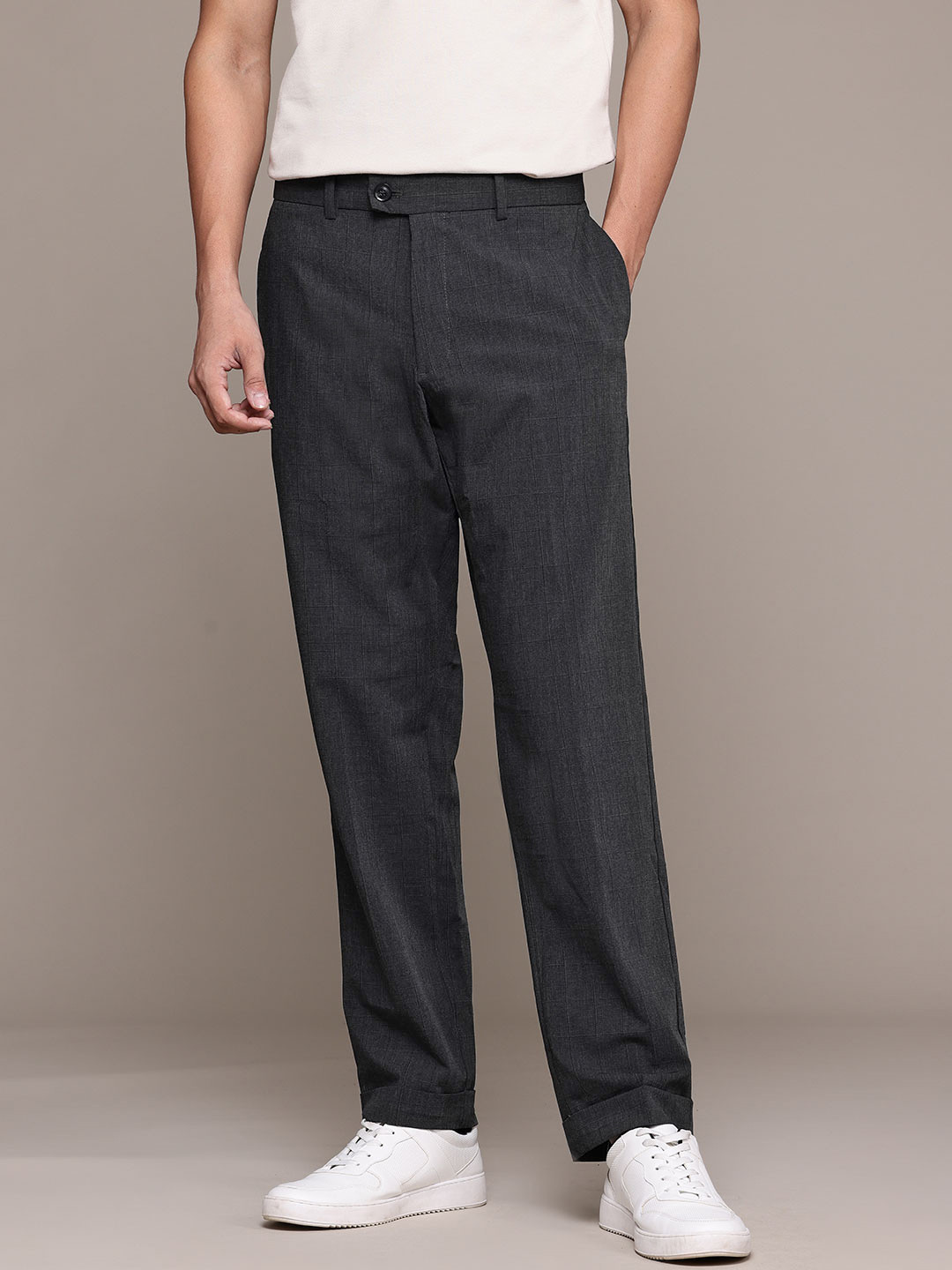 MANGO MAN Men Checked Slim Fit Trousers