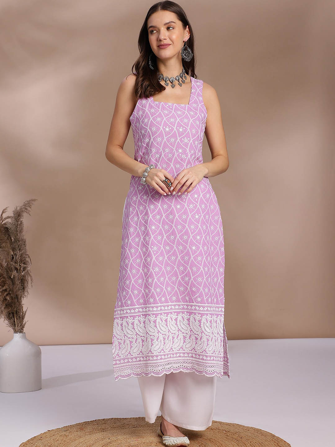 Anouk Women Violet Floral Embroidered Sleeveless Sequined Pure Cotton Chikankari Kurta
