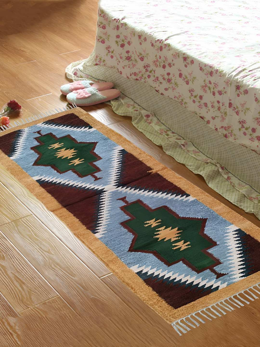 Budhrajrugs Blue & Green Geometric Printed Rectangular Reversible Dhurrie