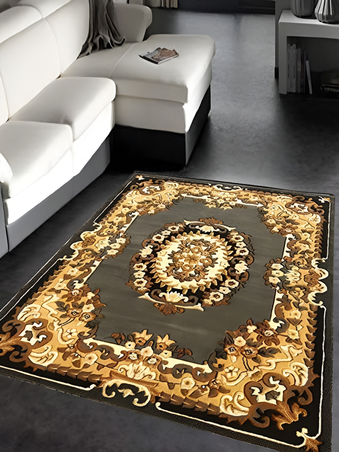 SANA CARPET Grey & Cream Ethnic Motifs Cotton Carpet