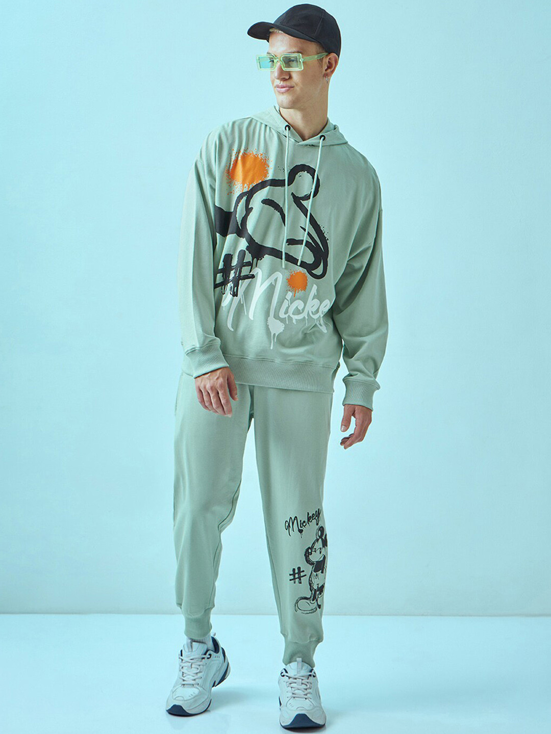 Bewakoof Green Mickey Mouse Printed Hooded Oversized Tracksuit