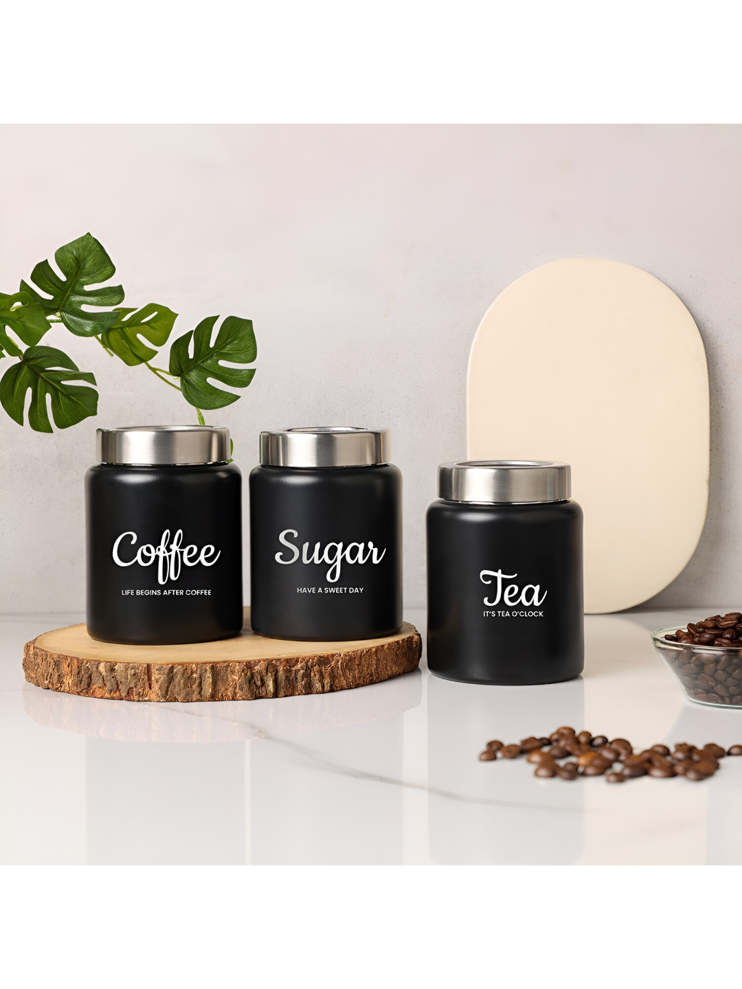 Dudki Iconic Colourful Black Typography Stainless Steel Dishwasher Safe 3 Piece Screw Top Canister-950ml