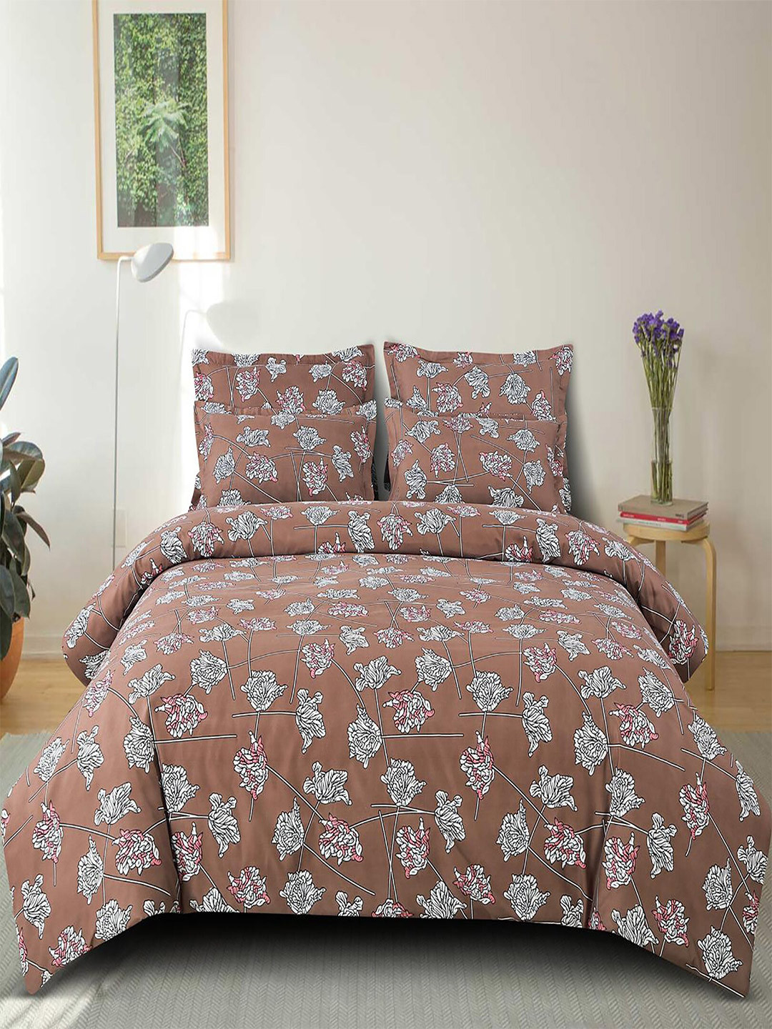 Hammer Home Brown Floral Cotton 210 TC Queen Fine Bedsheet with 2 Pillow Covers-90 x 100 inches