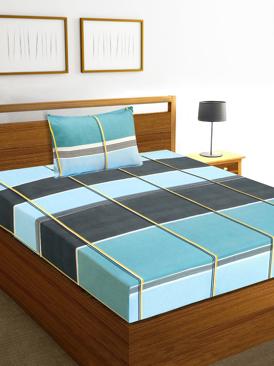 Aura Blue Geometric Microfiber 160 TC Single Bedsheet with a Pillow Cover-87 x 55 inches