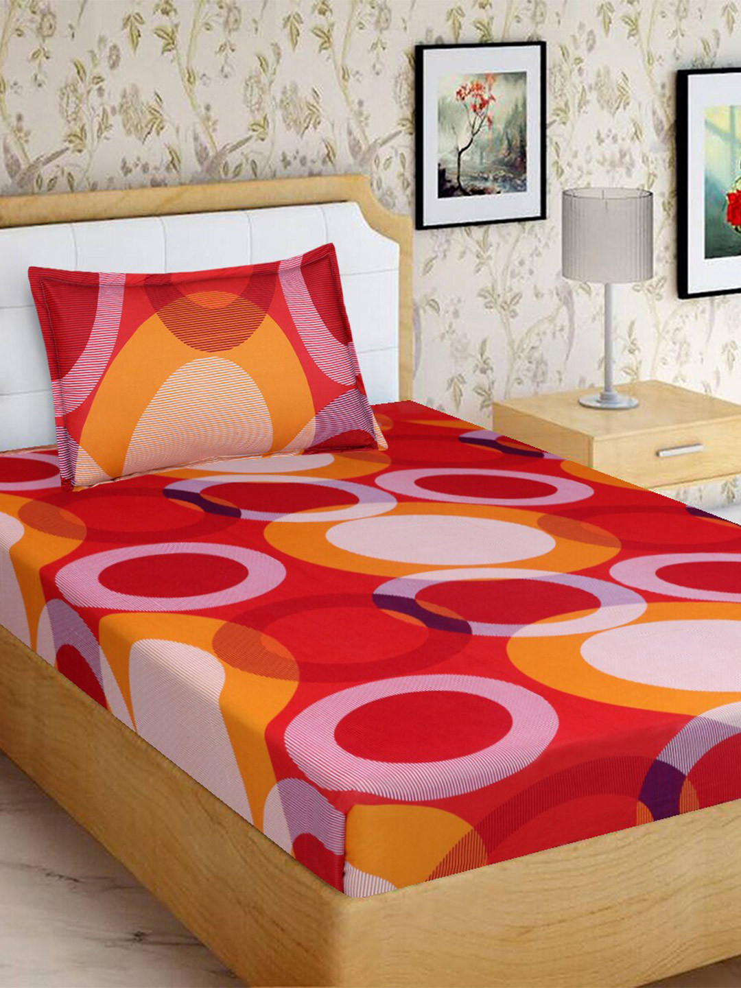Aura Orange & Pink Geometric 160 TC Single Bedsheet with 1 Pillow Cover