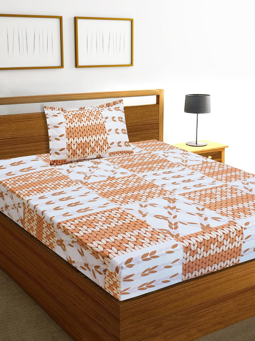 Aura White Leaf Microfiber 160 TC Single Bedsheet with a Pillow Cover-87 x 55 inches