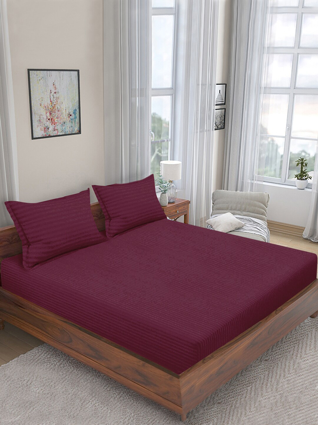 Aura Maroon Striped Cotton 300 TC King Fine Bedsheet with 2 Pillow Covers-108 x 108 inches