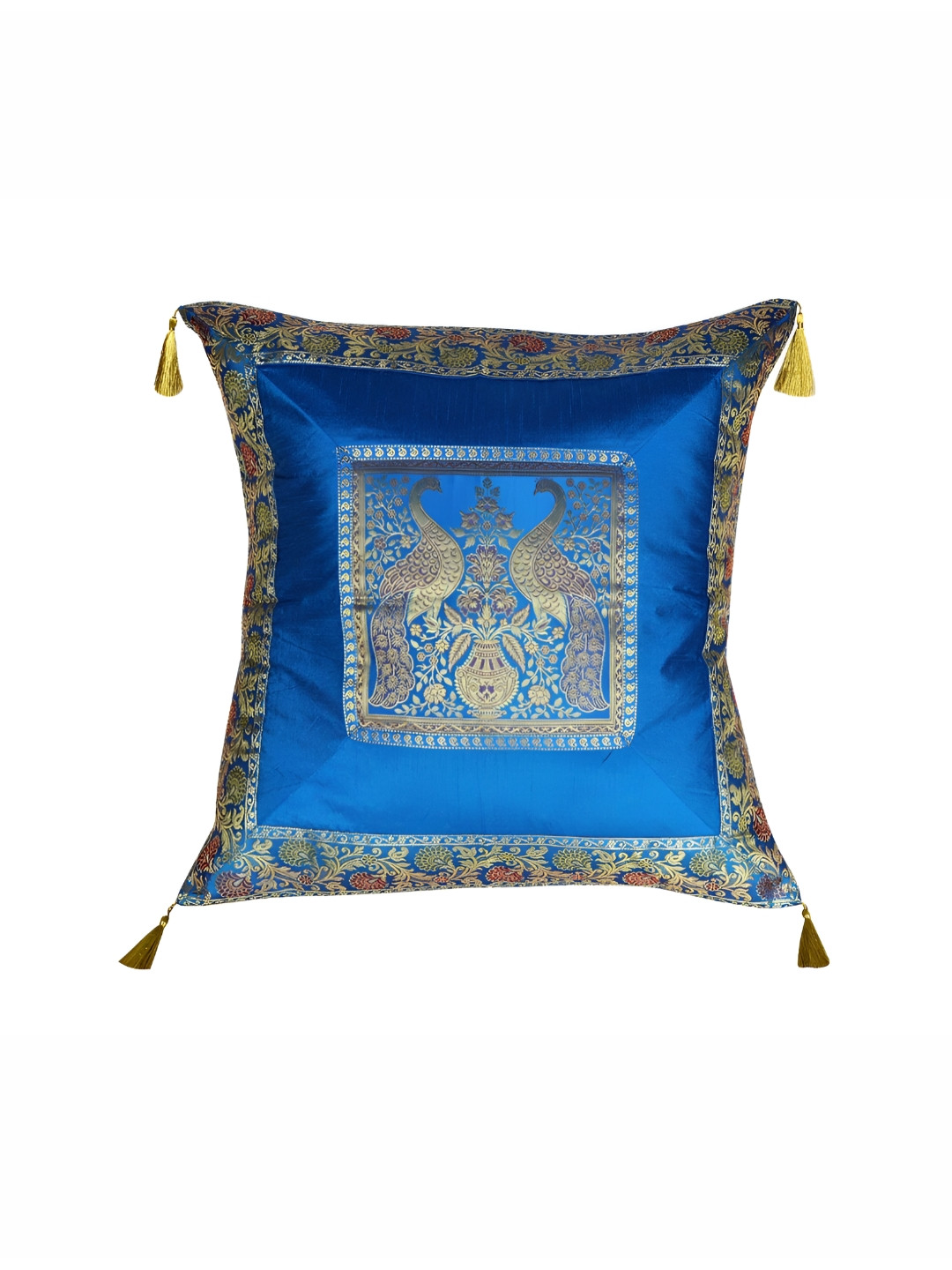 Lal Haveli Turquoise Blue Ethnic Motifs Silk Patchwork Square Cushion Cover -24x24In
