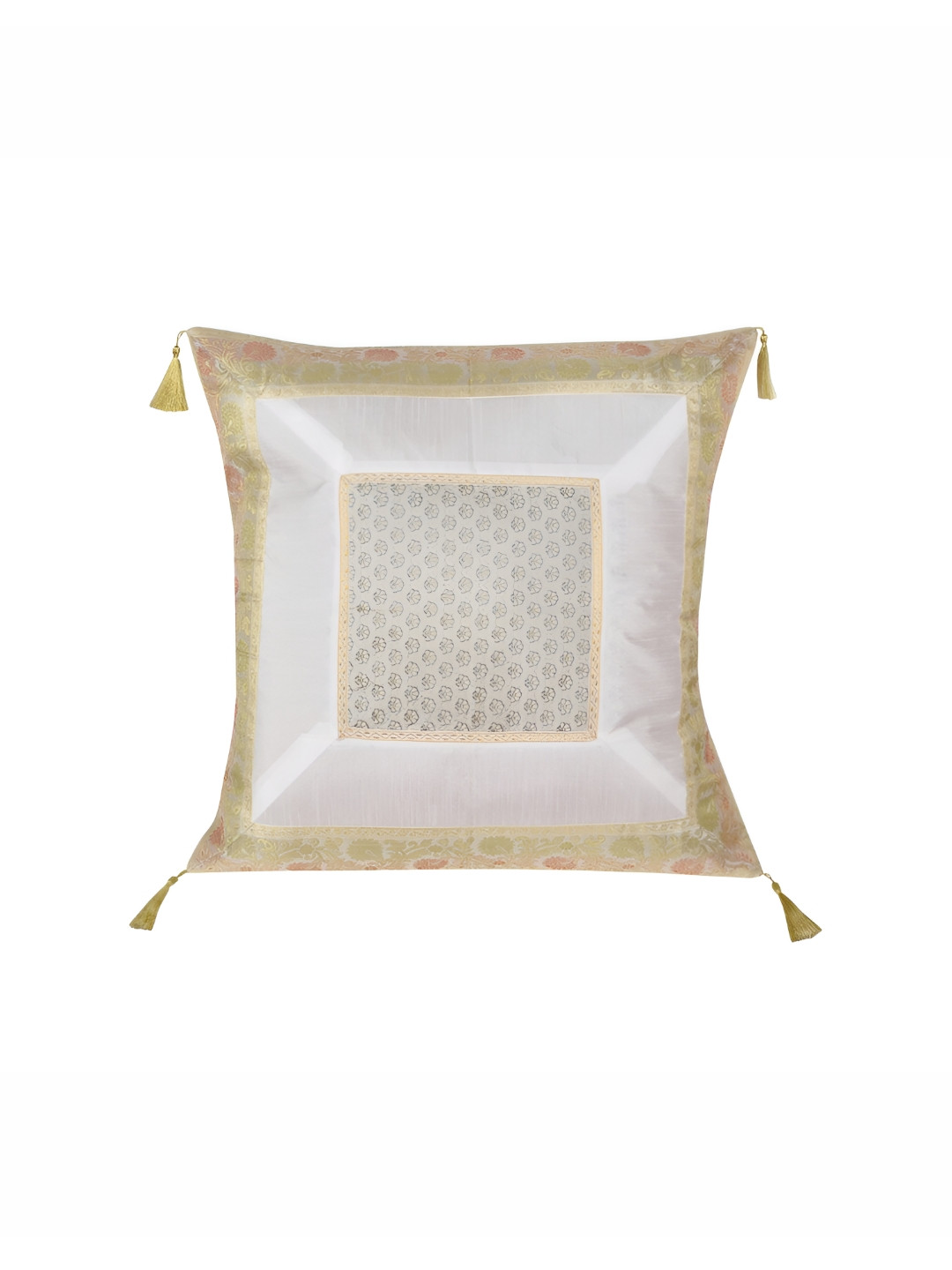Lal Haveli White Ethnic Motifs Silk Durable Patchwork Square Cushion Cover -24x24In
