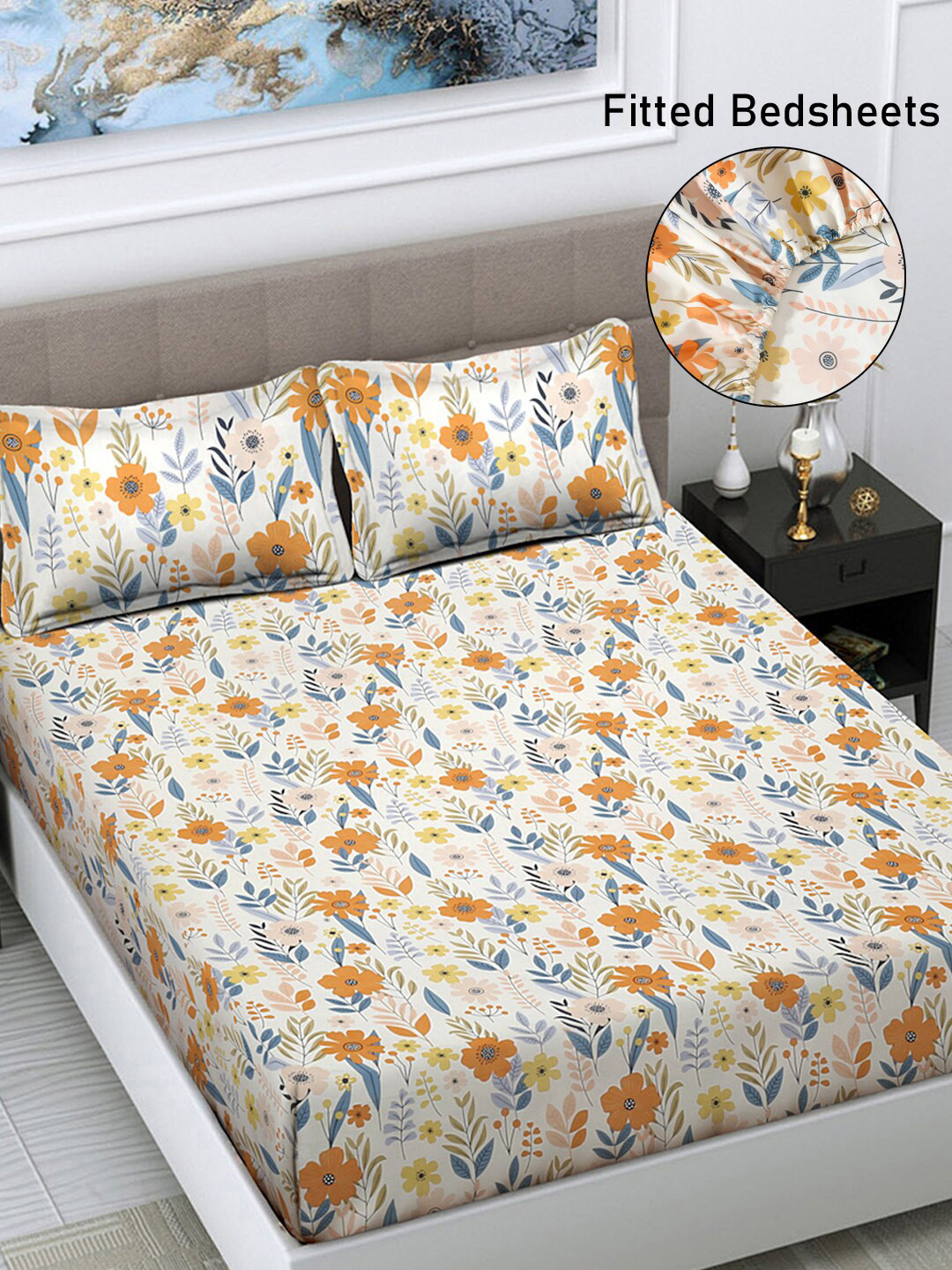 FABINALIV Yellow Floral 300 TC Fitted King Fine Bedsheet with 2 Pillow Covers