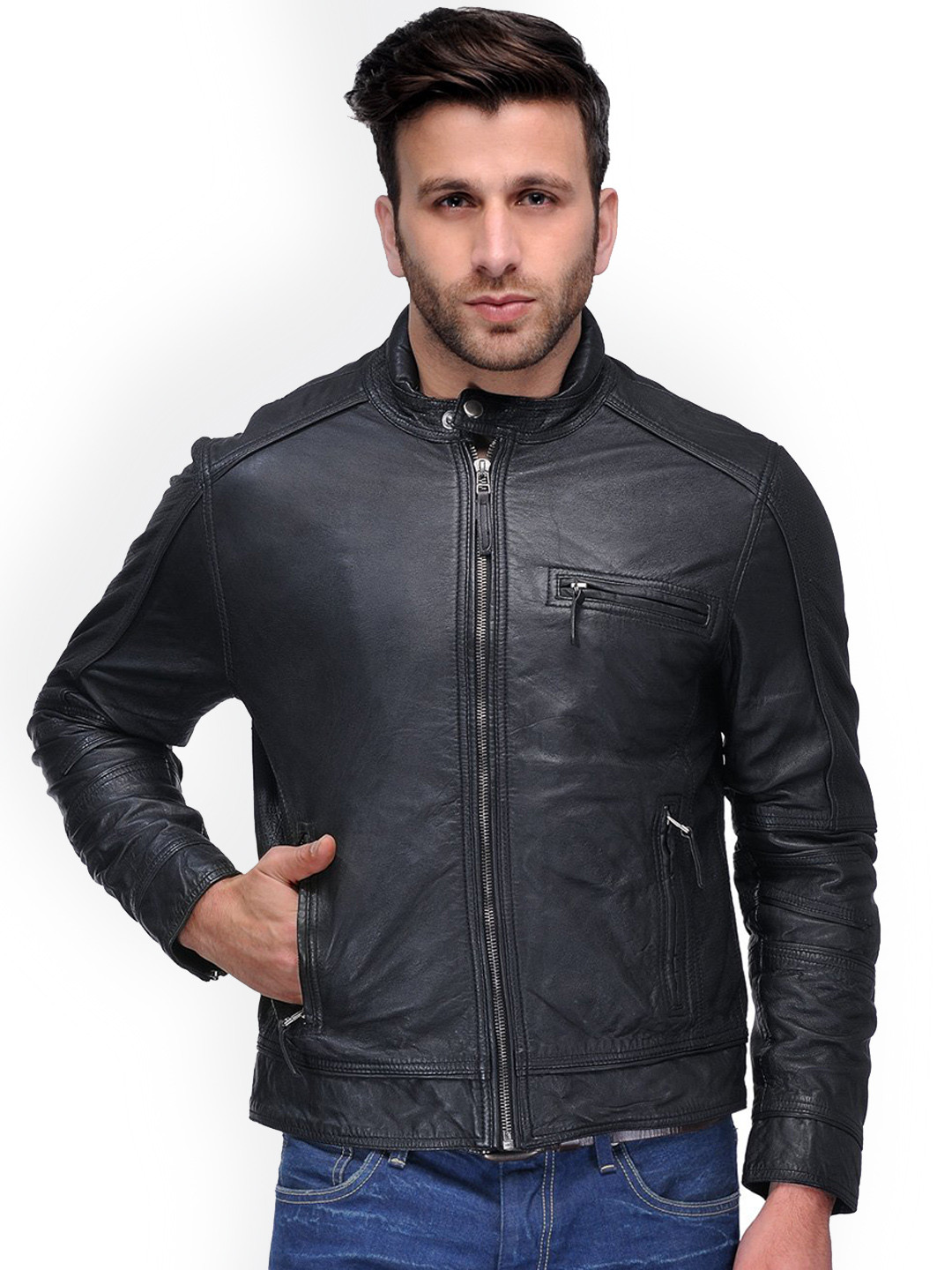 Teakwood Leathers Band Collar Leather Jacket