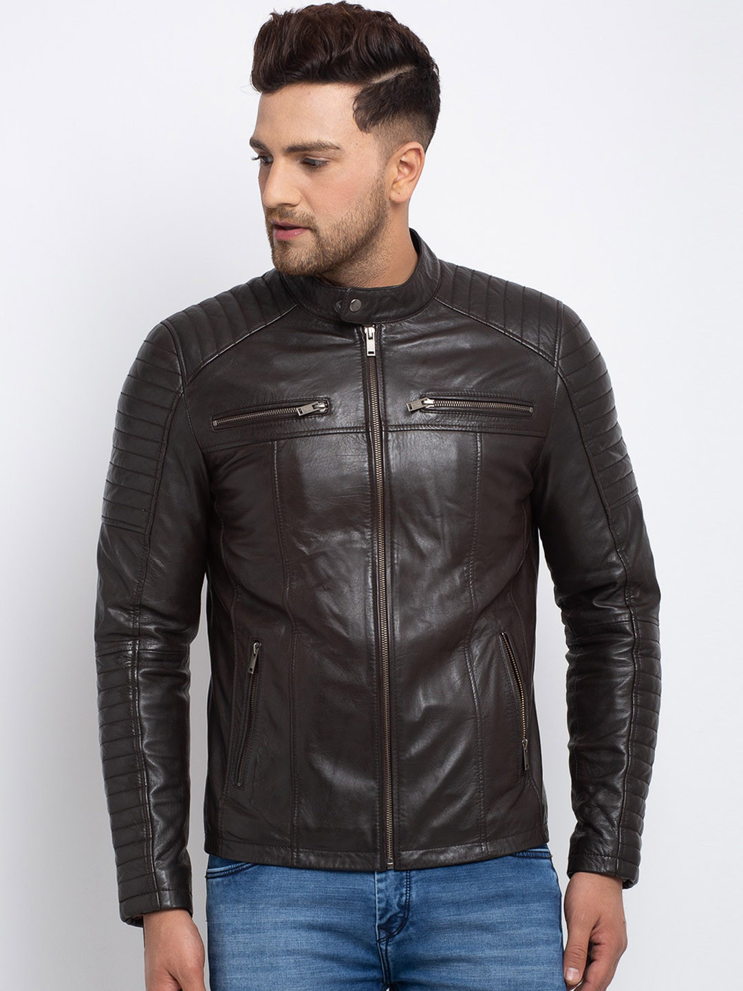 Teakwood Leathers Band Collar Leather Jacket